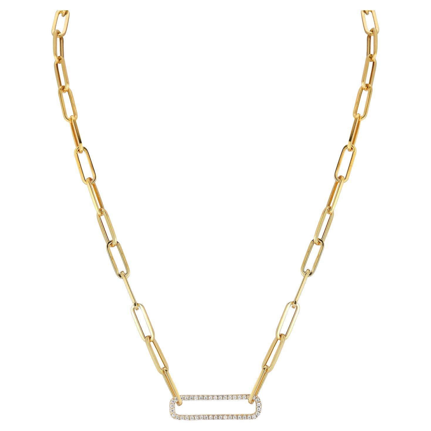 Hand-Crafted 14K Yellow Gold Open Link Diamond Rectangle Necklace For Sale