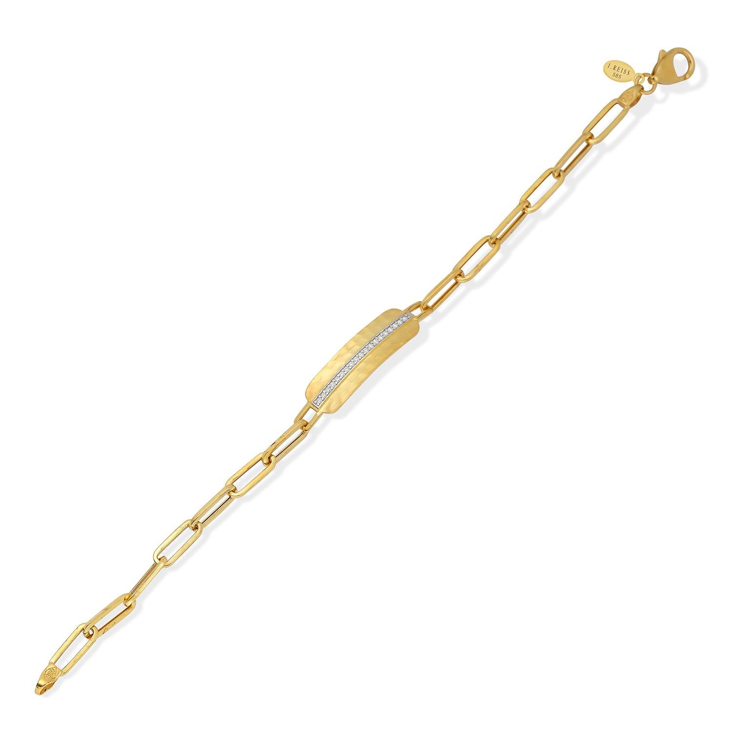 14 Karat Yellow Gold Hand-Crafted Polish-Finished Open Link Dog-Tag Bracelet, Accented with 0.11 Carats of Pave Set Diamonds and a Lobster-Claw-Clasp.
