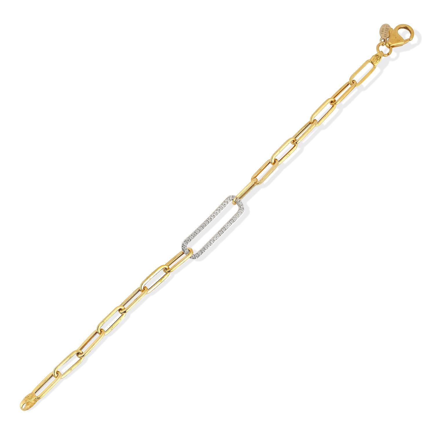 14 Karat Yellow Gold Polish-Finished Open Link Bracelet, Accented with 0.25 Carats of an Open Rectangular Motif
