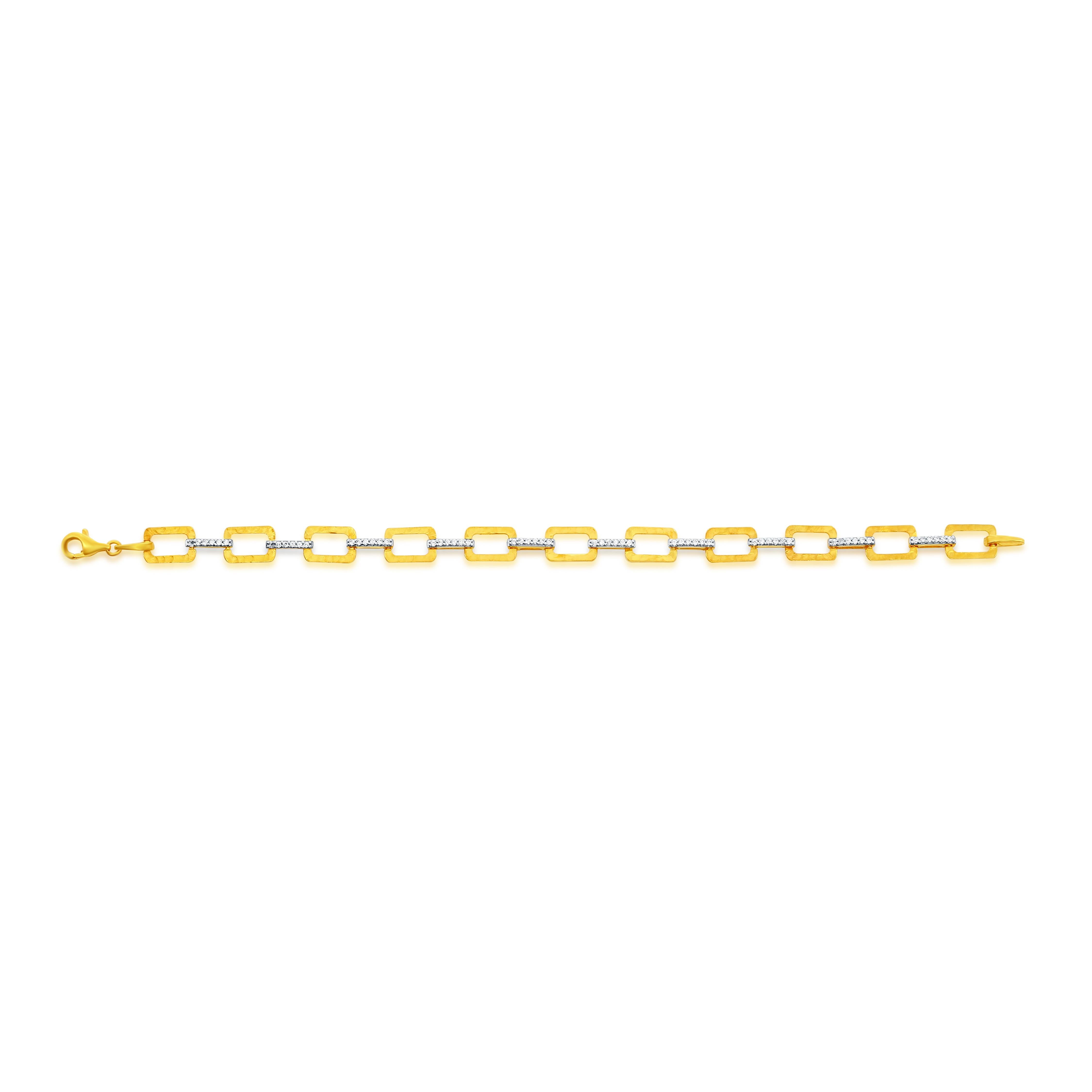 14 Karat Yellow Gold Hand-Crafted Matte and Hammer-Finished Rectangle-Shaped Open Link Bracelet, Accented with 0.22 Carats of Pave Set Diamonds.
