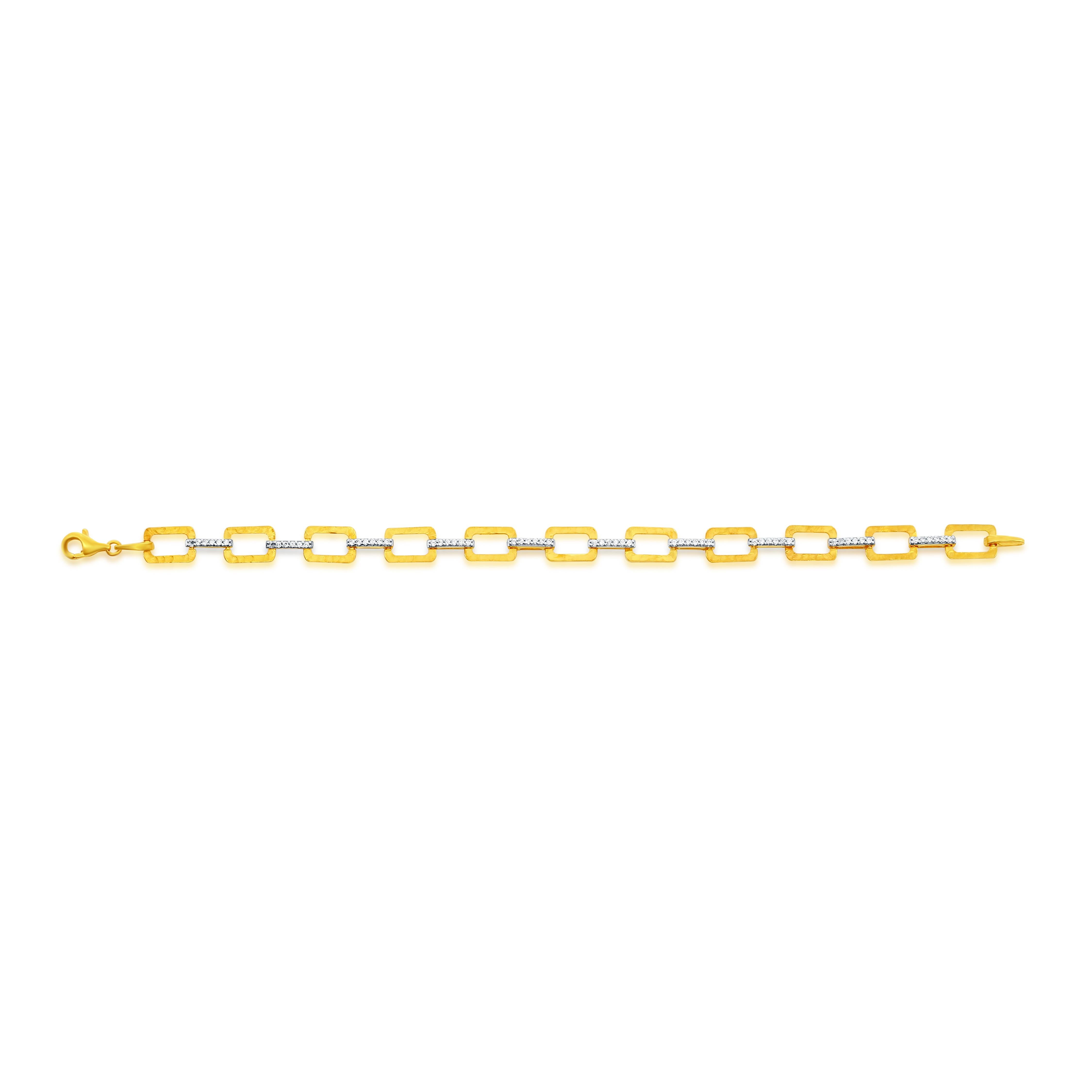 14 Karat Yellow Gold Hand-Crafted Matte and Hammer-Finished Rectangle-Shaped Open Link Bracelet, Accented with 0.40 Carats of Pave Set Diamonds.
