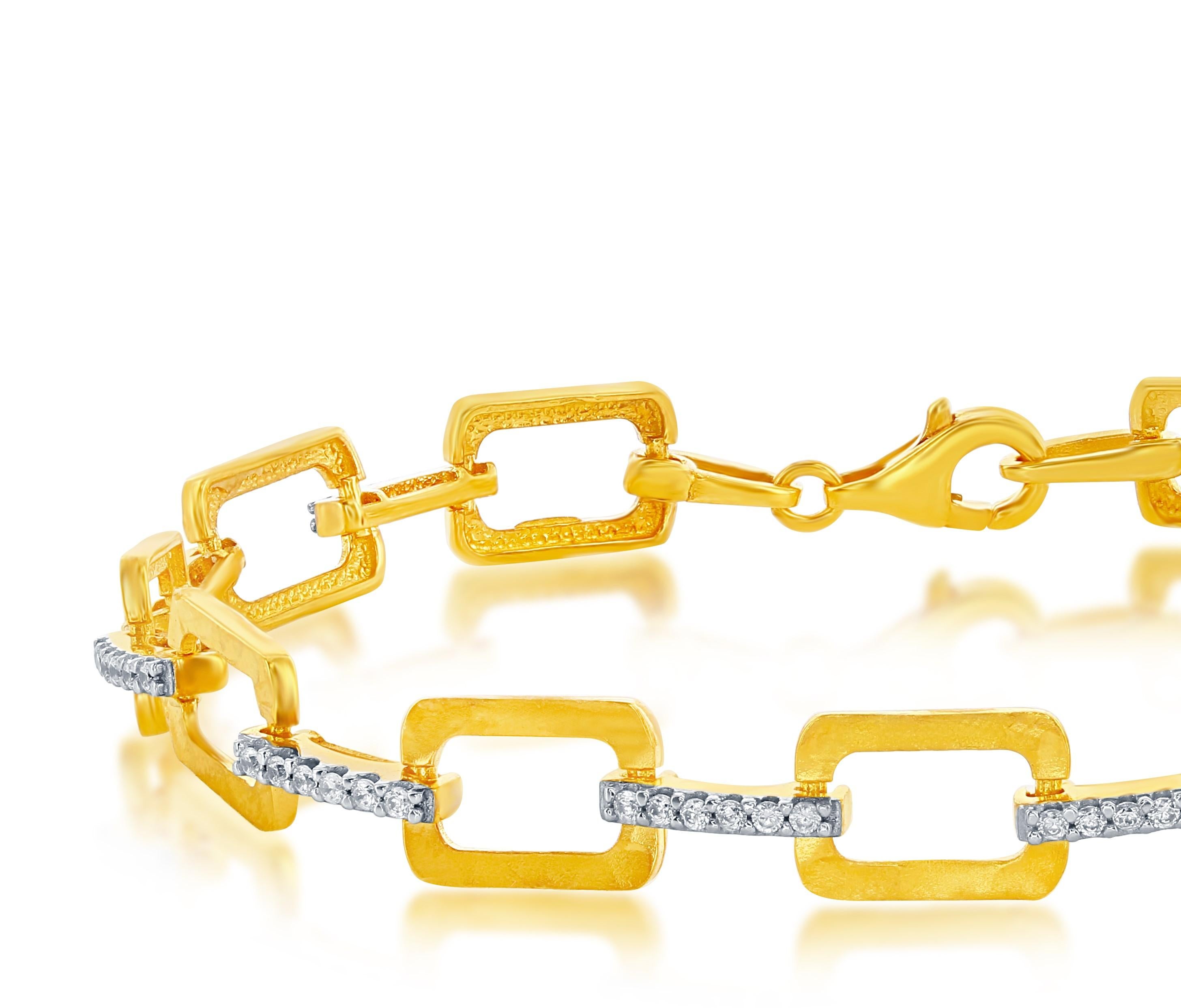 Taille ronde Bracelet à maillons rectangulaires ouverts en or jaune 14K fait à la main en vente