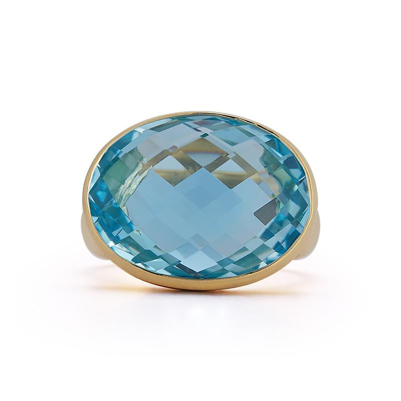 For Sale:  Hand-Crafted 14K Yellow Gold Oval Blue Topaz Cocktail Ring 3