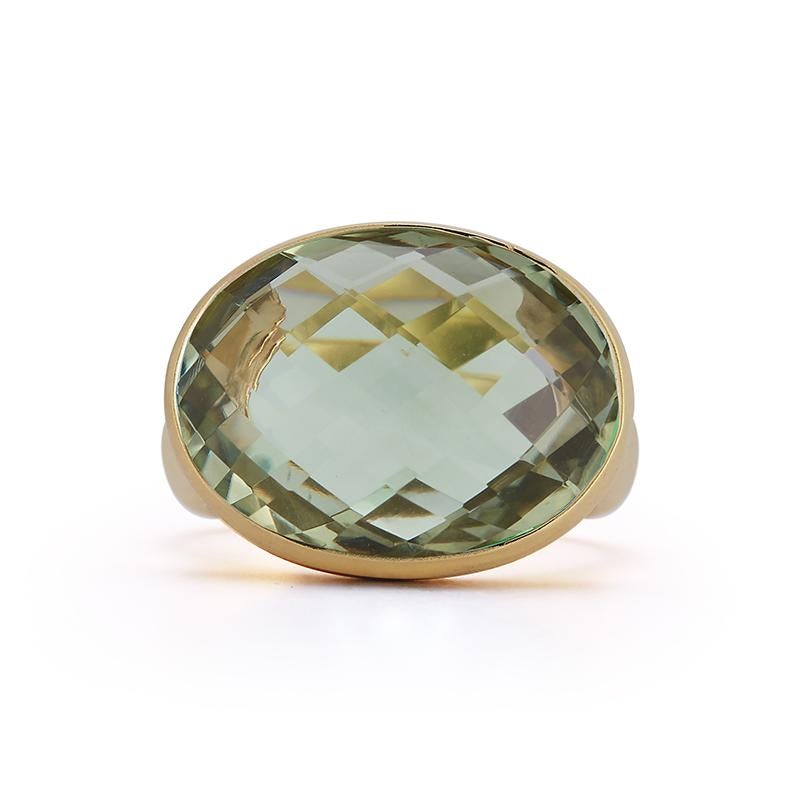 For Sale:  Hand-Crafted 14K Yellow Gold Oval Green Amethyst Cocktail Ring 3