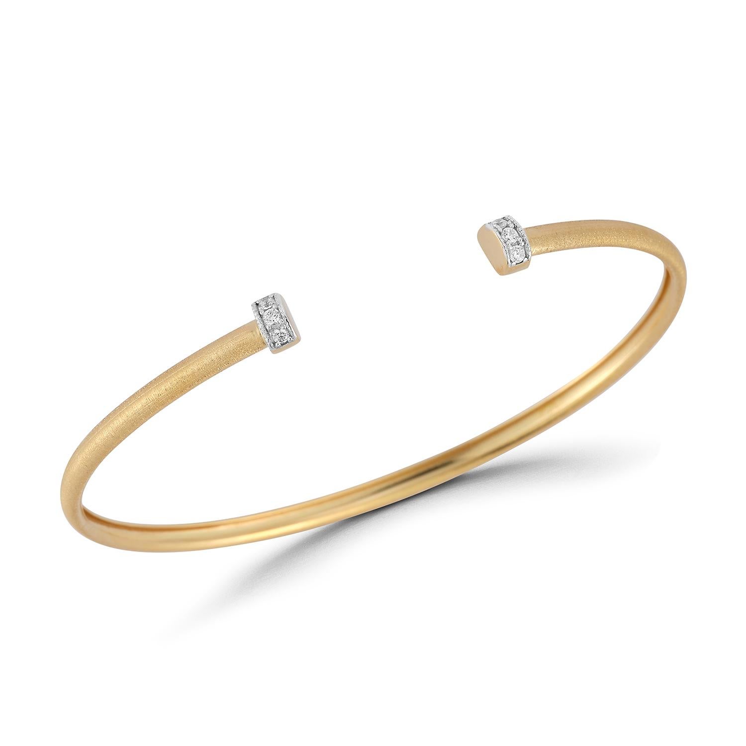 14 Karat Yellow Gold Satin-Finished Open Bangle Bracelet, Accented with 0.10 Carat End Clasps
