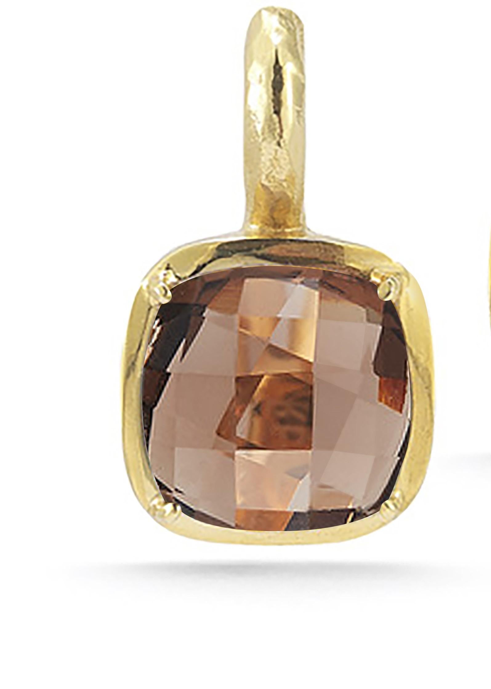 14 Karat Yellow Gold Matte and Hammer-Finished Drop Earrings, Centered with a 10mm 7.0CT Checkerboard Cushion-Cut Smokey Topaz Semi-Precious Color Stone.
