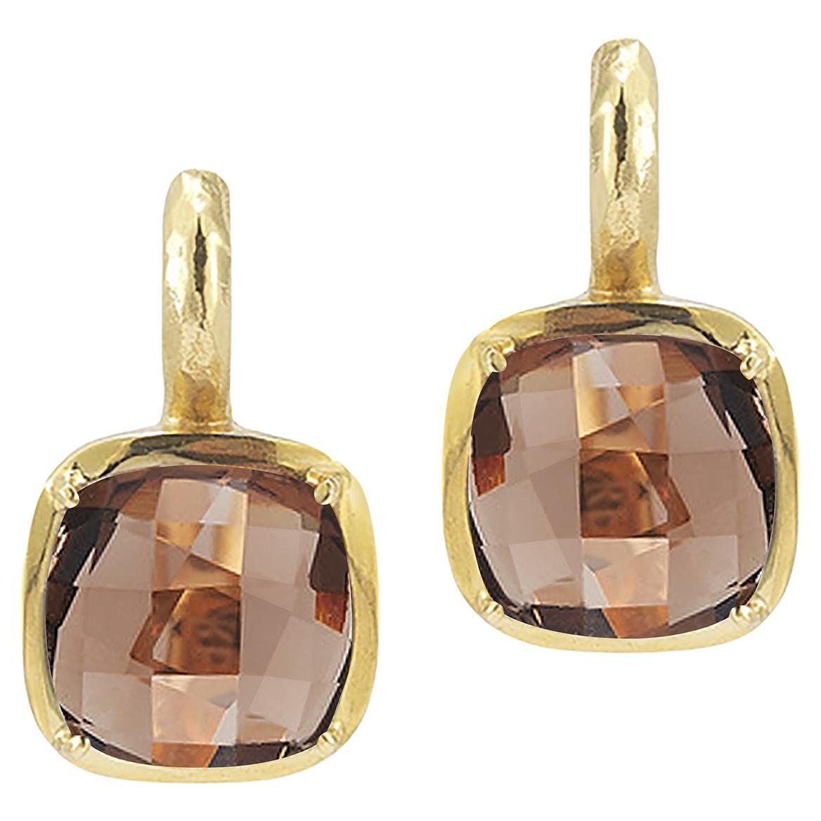 Handcrafted 14k Yellow Gold Smokey Topaz Color Stone Earrings For Sale