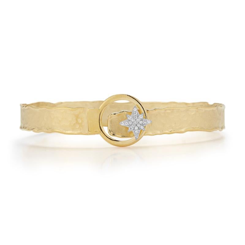 14 Karat Yellow Gold Hand-Crafted Matte and Hammer-Finished Scallop Edged 8mm Cuff Bracelet, Set with 0.13 Carats of a Diamond Star Buckle Clasp
