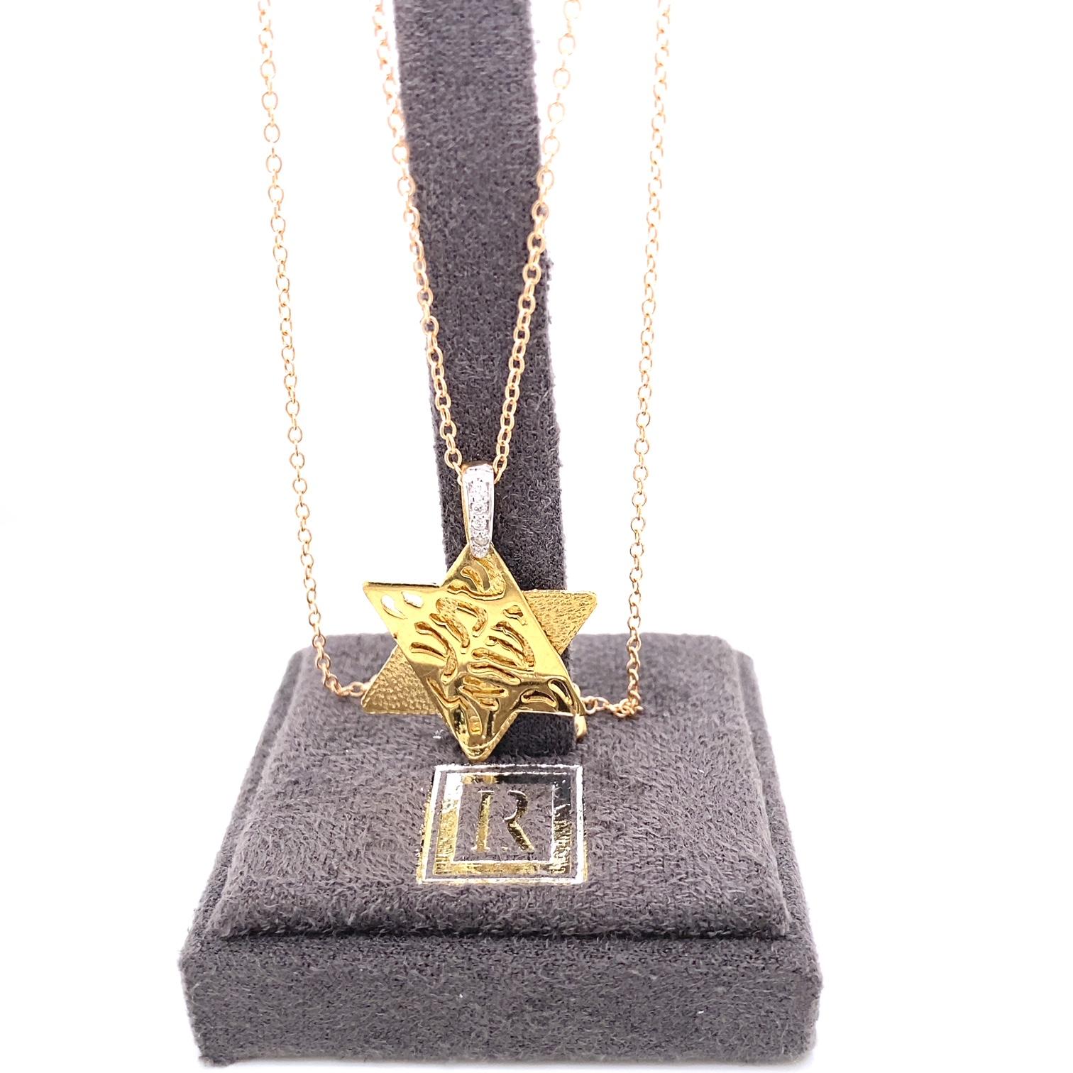 14 Karat Yellow Gold Hand-Crafted Polish and Texture-Finished Two-Disk Star of David Shema Yisrael Pendant, Accented with 0.04 Carats of Pave Set Diamonds, Sliding on a 16