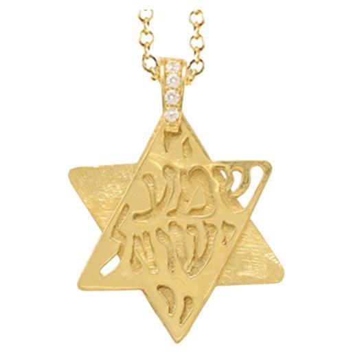 Hand-Crafted 14K Yellow Gold Star of David Shema Yisrael Pendant For Sale