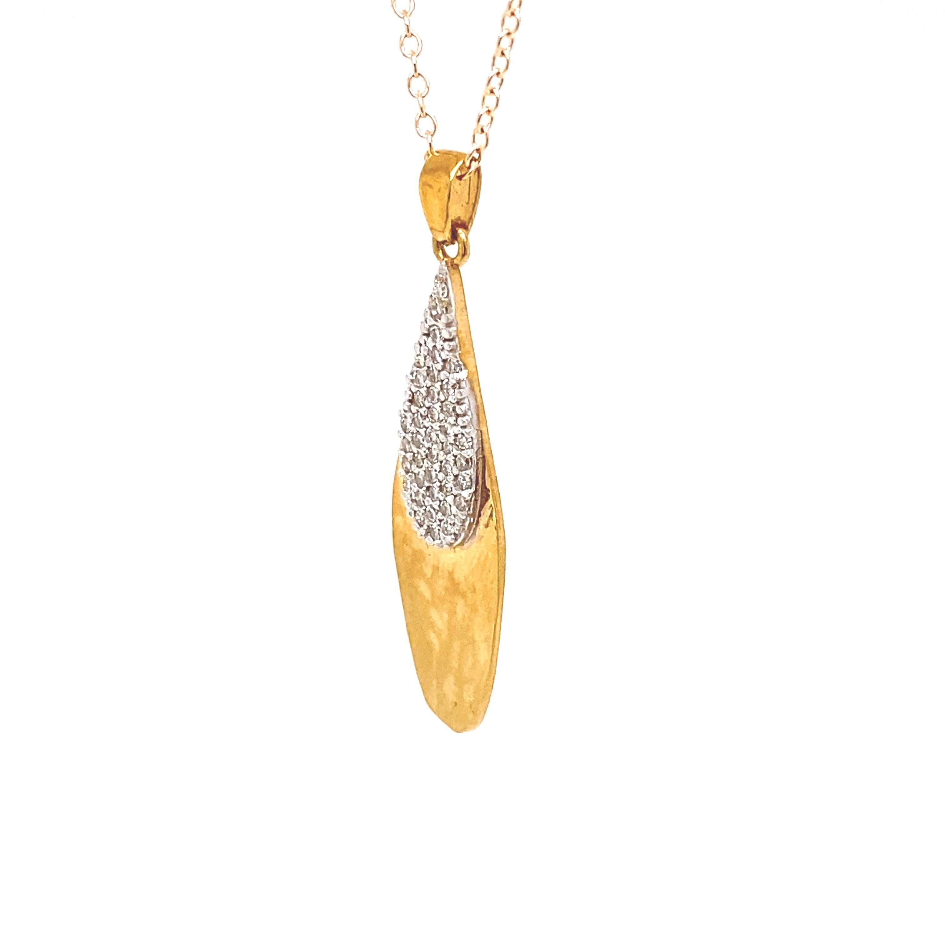 14 Karat Yellow Gold Hand-Crafted Matte and Hammer-Finished Tear-Drop Pendant, Accented with 0.24 Carats of Pave Set Diamonds, Sliding on a 16