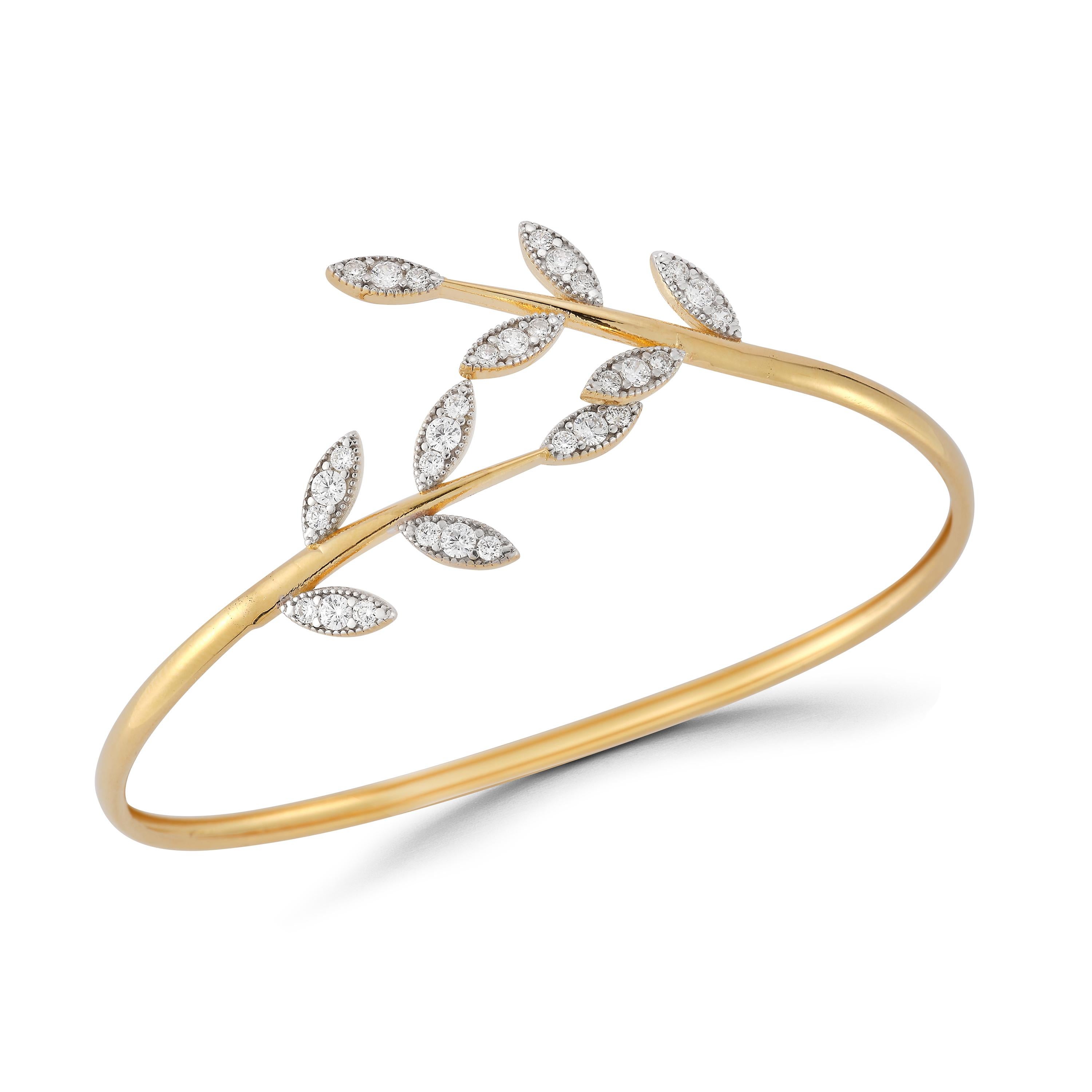 14 Karat Yellow Gold Hand-Crafted Satin-Finished Vine Leaf Bangle Bracelet, Enhanced with 1.00 Carat of Pave Set Diamonds.

