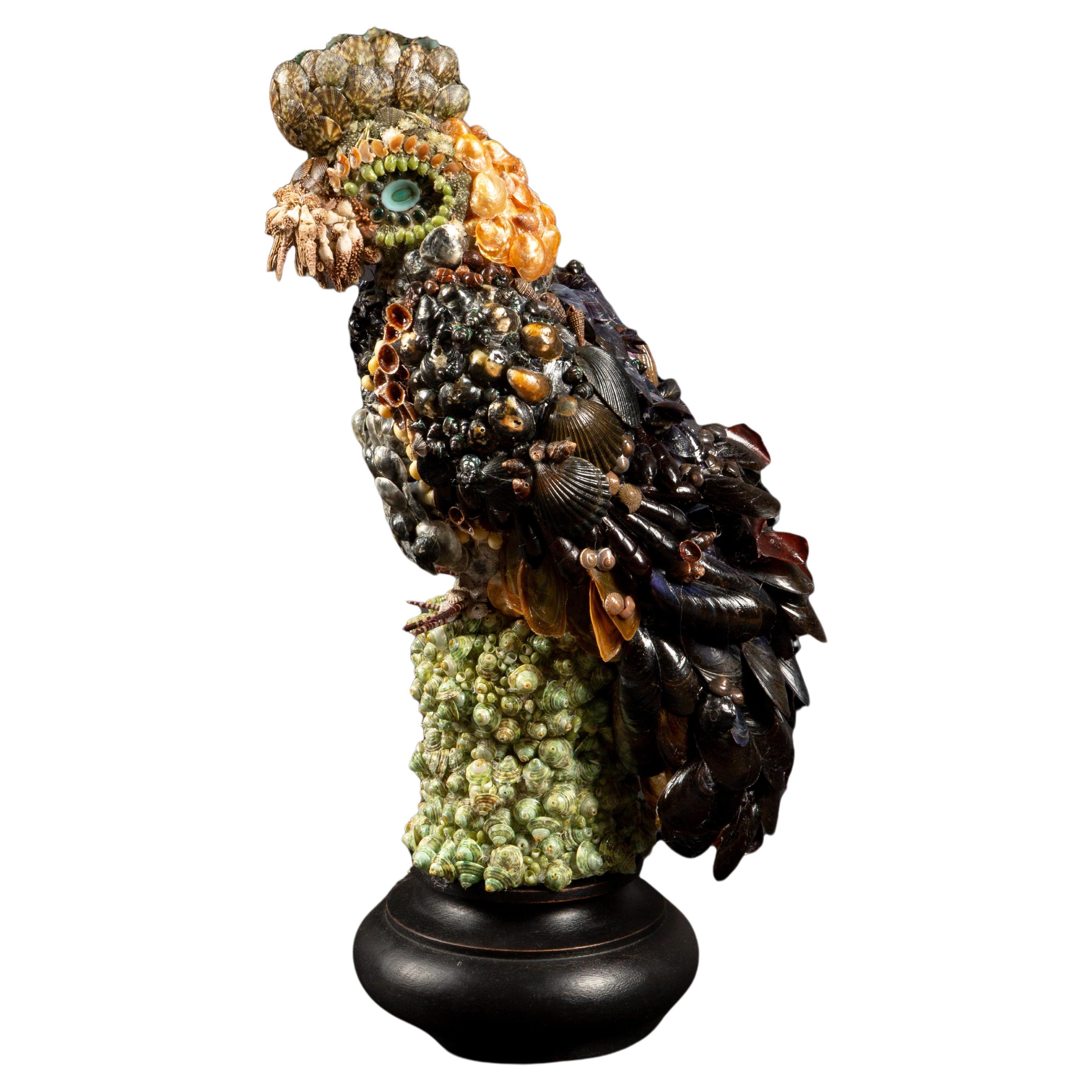 Hand-Crafted 17.5" Mixed Shell Mosaic Parrot: A Coastal Masterpiece For Sale