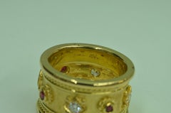 Hand Crafted 18 Karat Yellow Gold Diamond and Ruby Cigar Band Ring