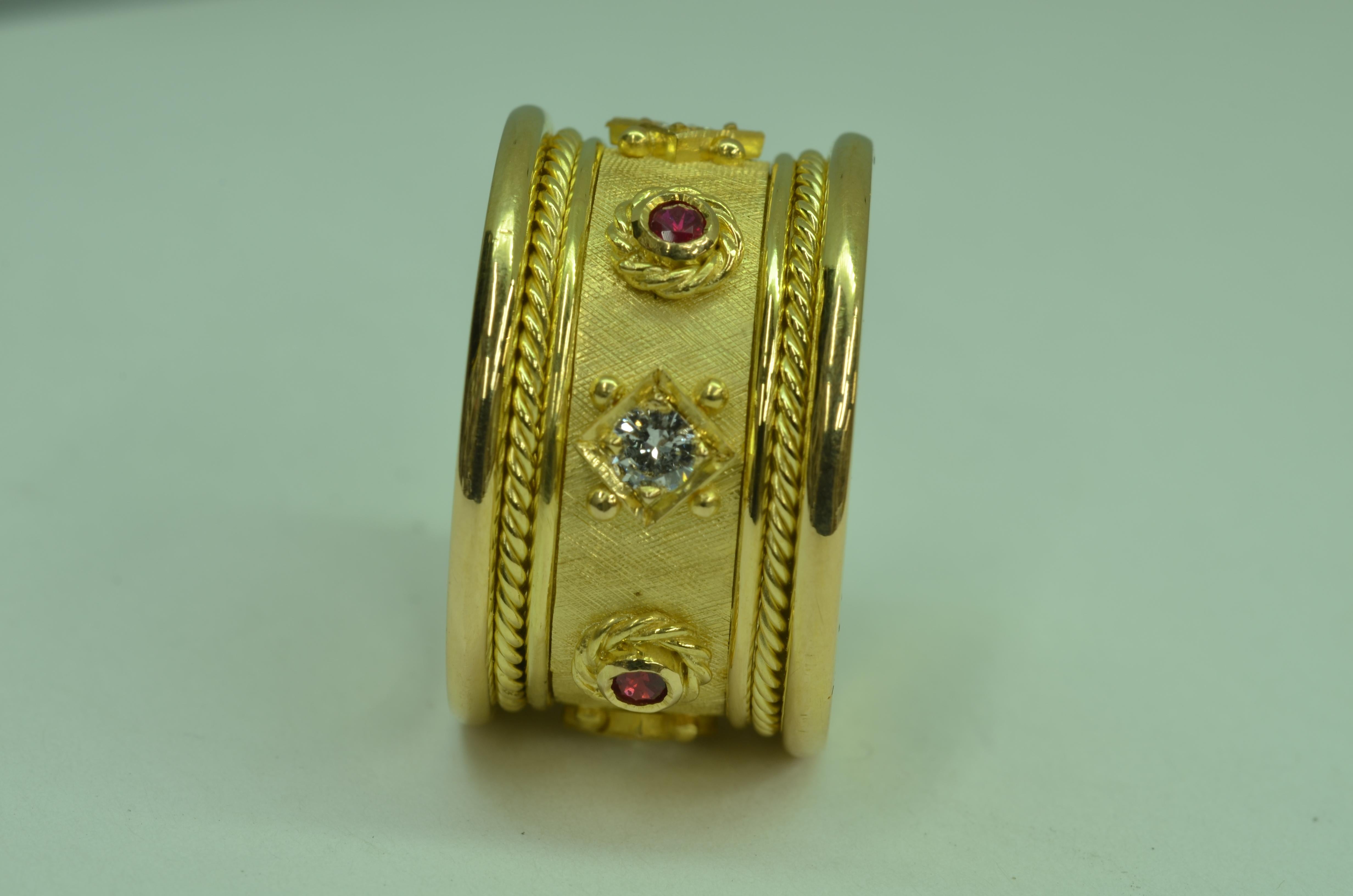 Artisan Hand Crafted 18 Karat Yellow Gold Diamond and Ruby Cigar Band Ring For Sale