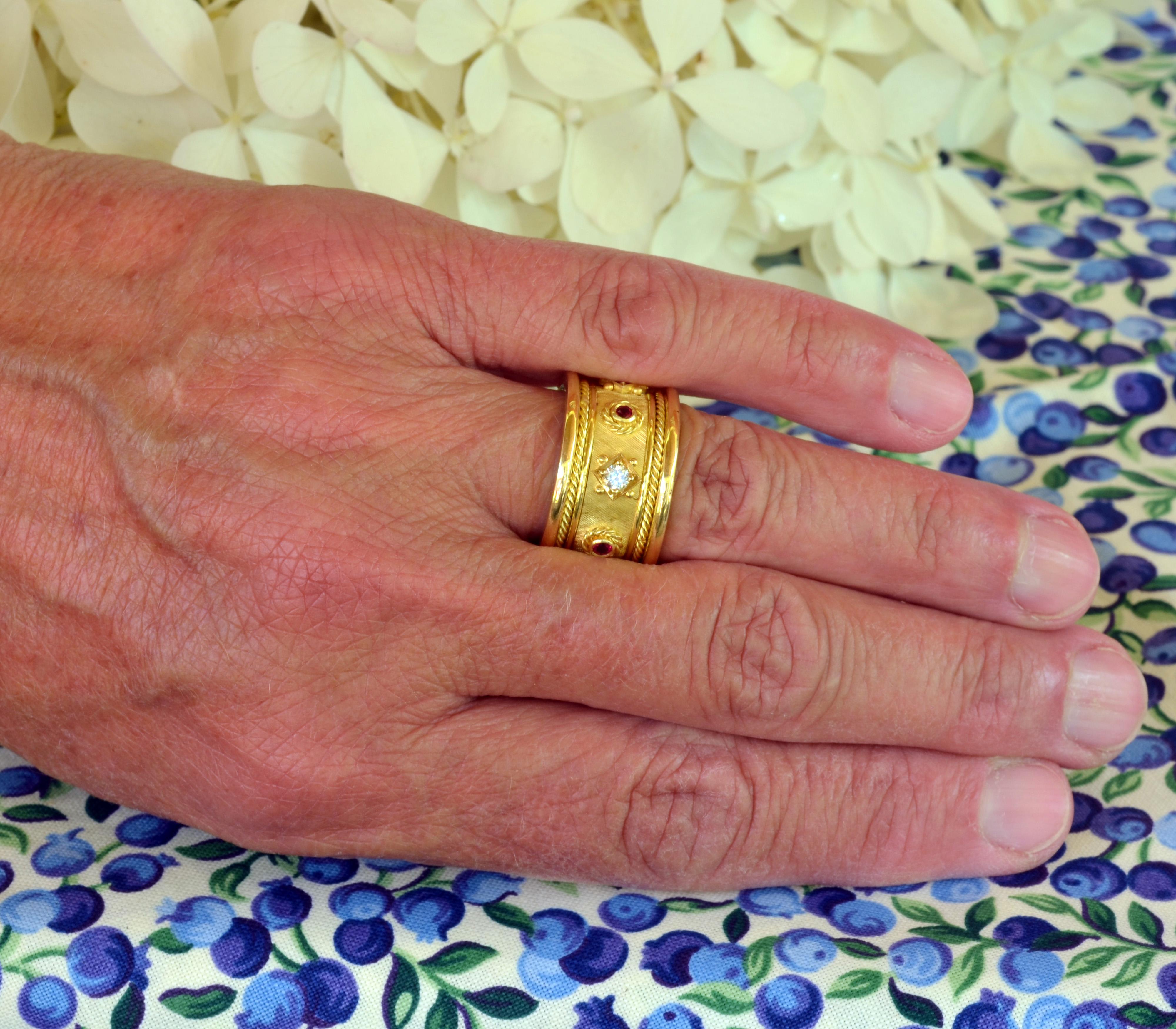 Hand Crafted 18 Karat Yellow Gold Diamond and Ruby Cigar Band Ring In New Condition For Sale In Warren, ME