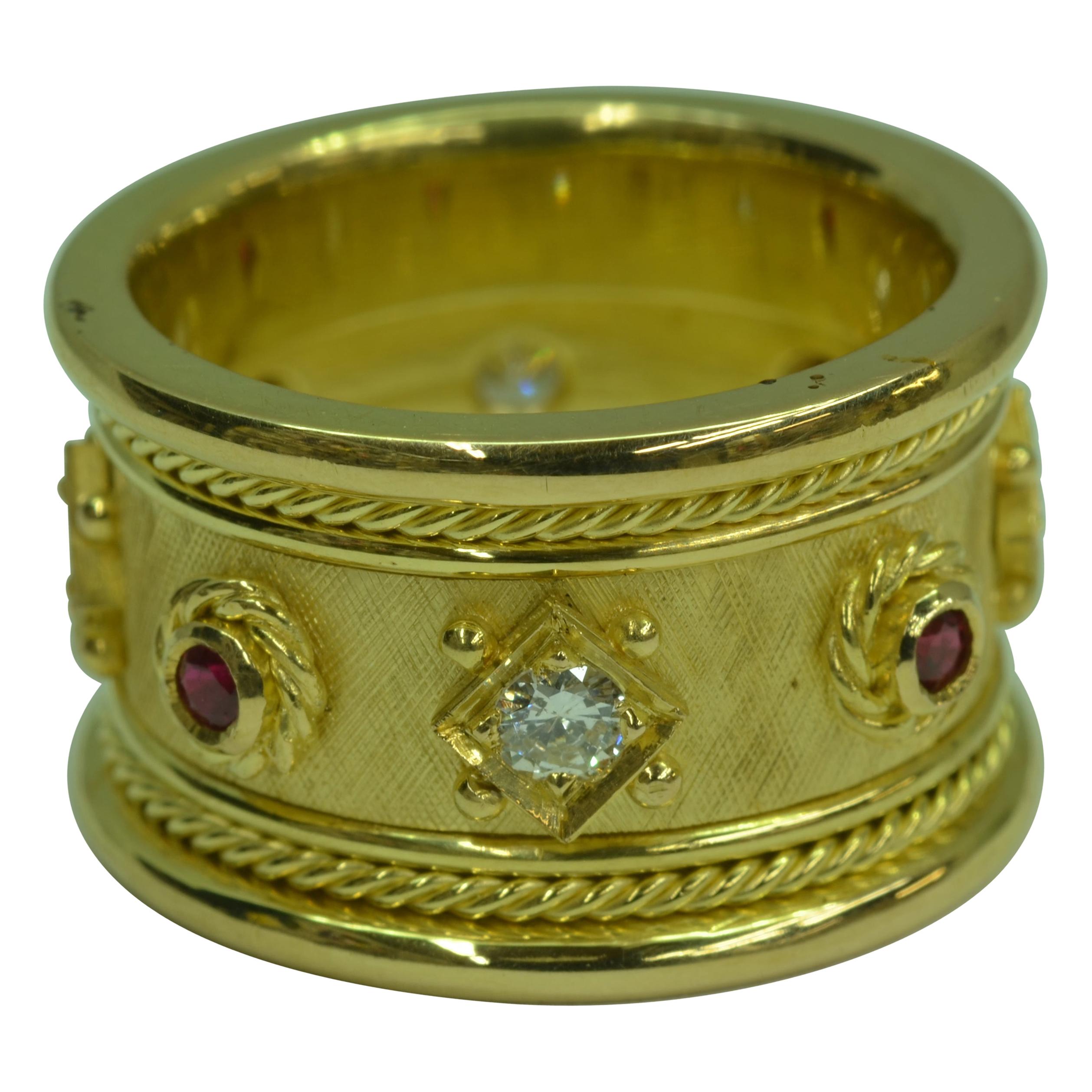 Hand Crafted 18 Karat Yellow Gold Diamond and Ruby Cigar Band Ring For Sale