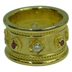 Hand Crafted 18 Karat Yellow Gold Diamond and Ruby Cigar Band Ring