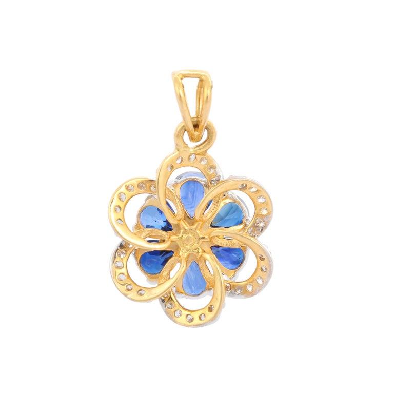 Pear Cut Hand-Crafted 18k Yellow Gold 2.45 Ct Pear Sapphire and Diamond Flower Pendant For Sale