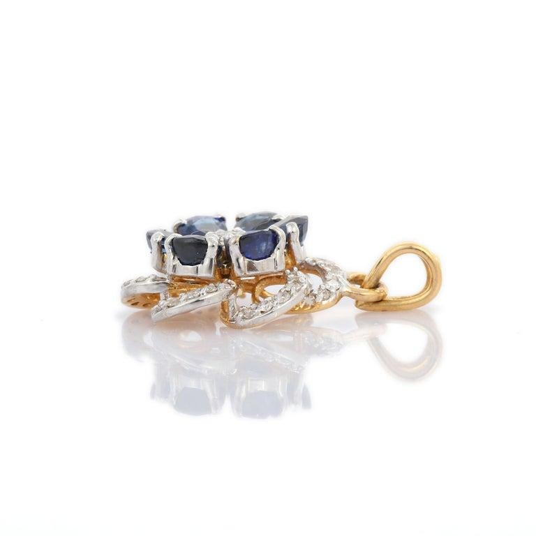 Women's Hand-Crafted 18k Yellow Gold 2.45 Ct Pear Sapphire and Diamond Flower Pendant For Sale