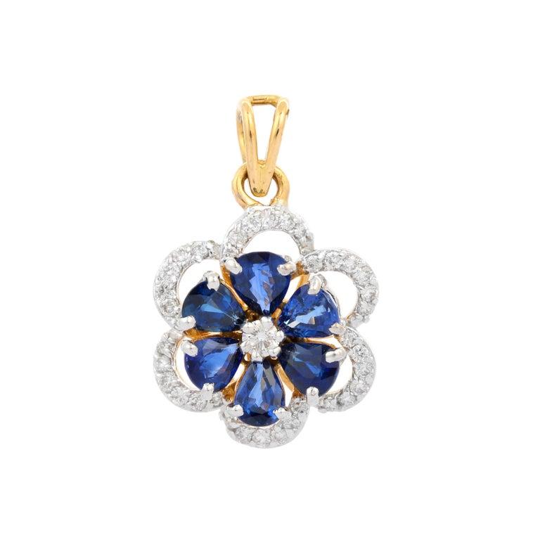 Hand-Crafted 18k Yellow Gold 2.45 Ct Pear Sapphire and Diamond Flower Pendant For Sale 2