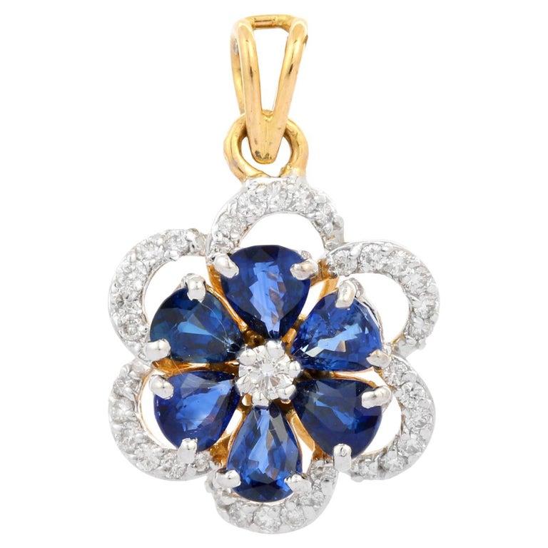 Hand-Crafted 18k Yellow Gold 2.45 Ct Pear Sapphire and Diamond Flower Pendant