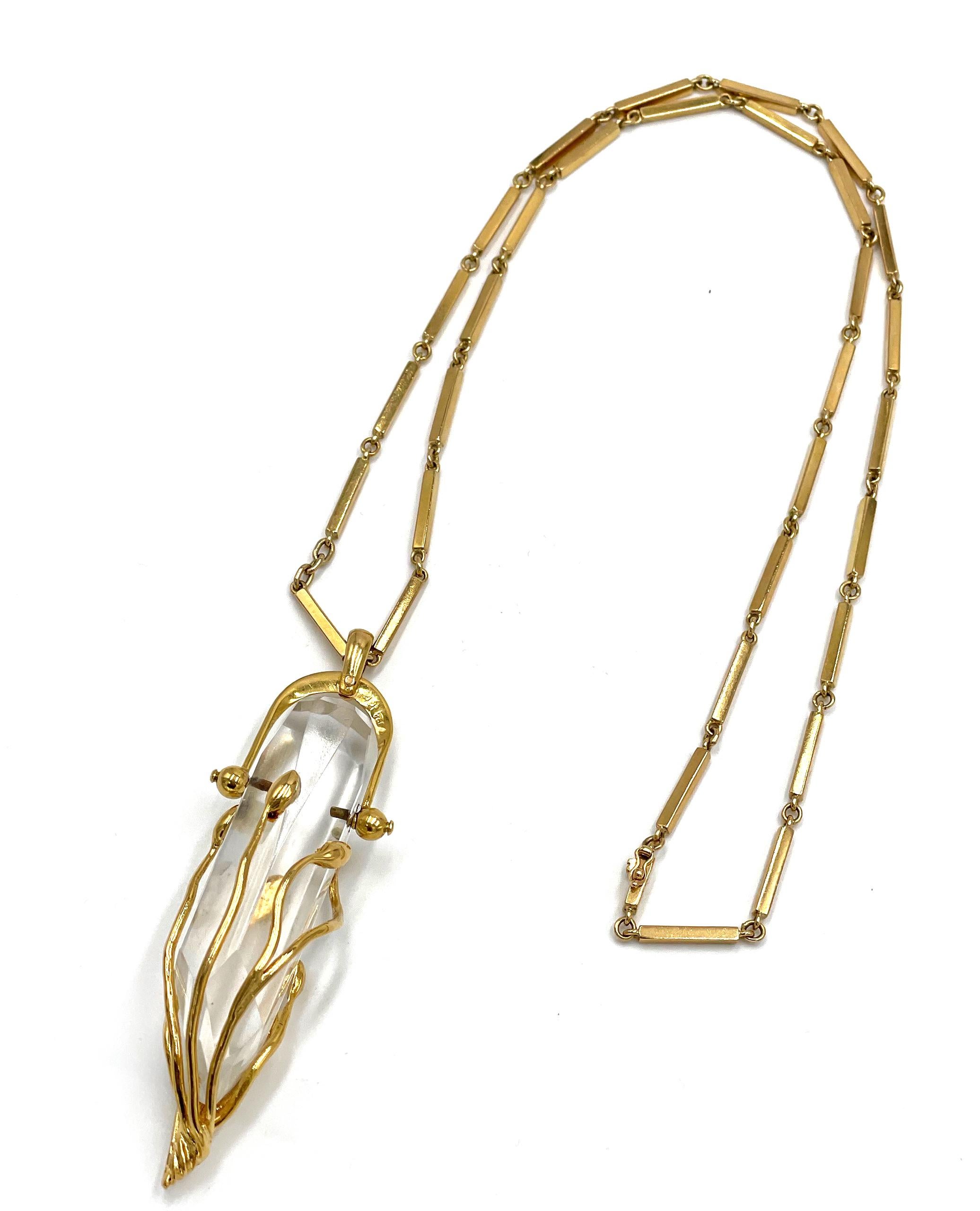 Briolette Cut Hand Crafted 18K Yellow Gold and Quartz Crystal Drop Necklace For Sale
