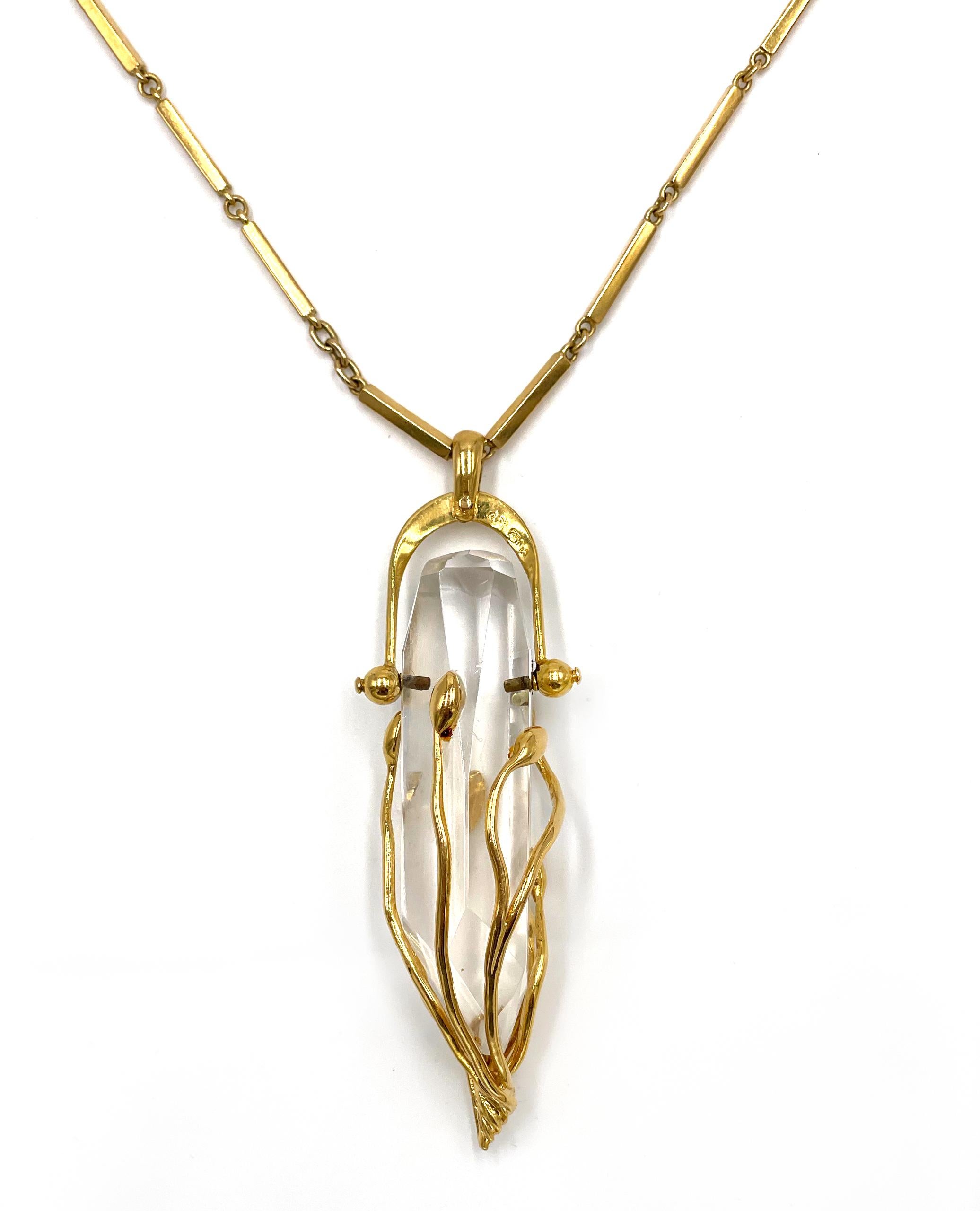 Hand Crafted 18K Yellow Gold and Quartz Crystal Drop Necklace In Good Condition For Sale In Old Tappan, NJ