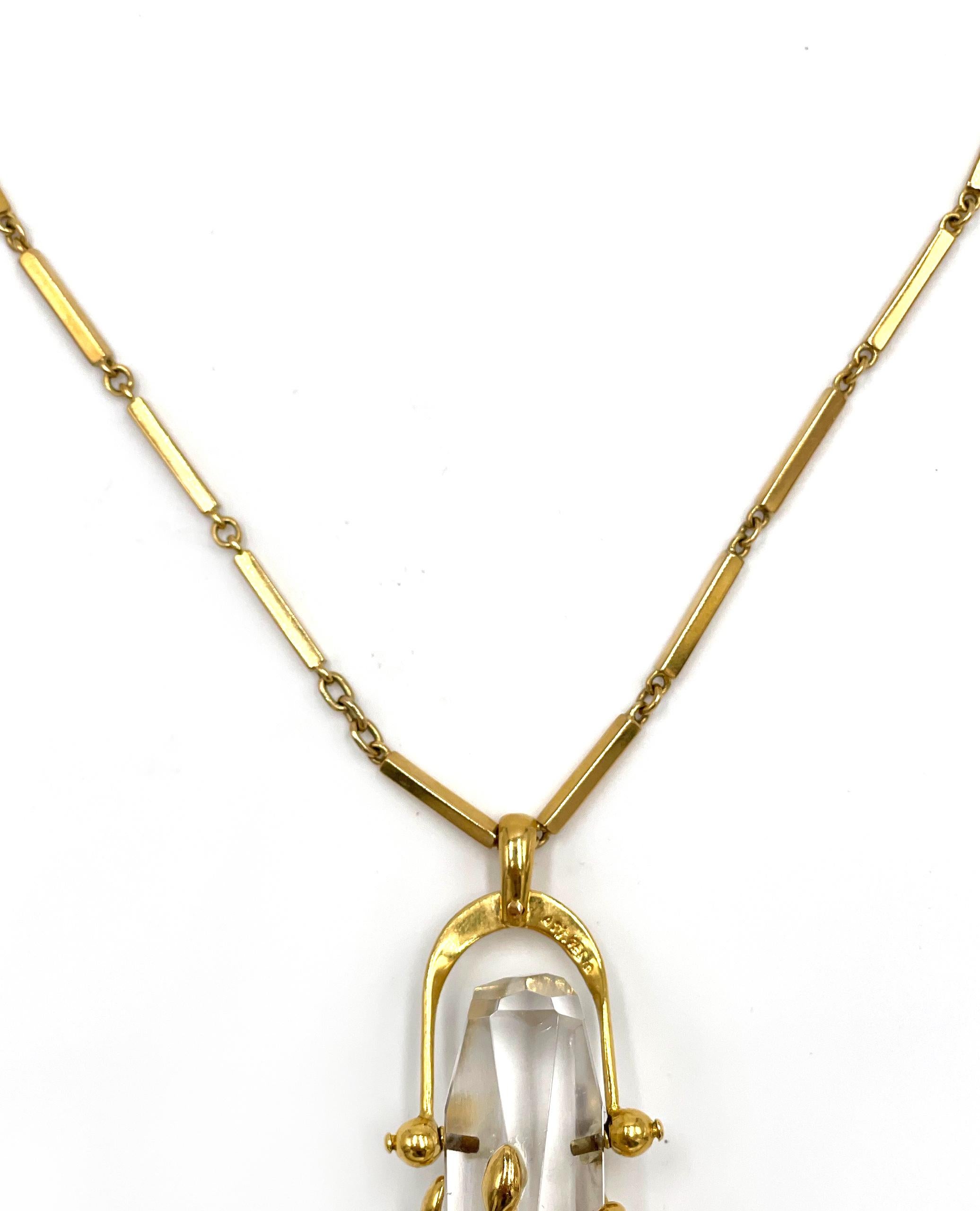 Women's or Men's Hand Crafted 18K Yellow Gold and Quartz Crystal Drop Necklace For Sale