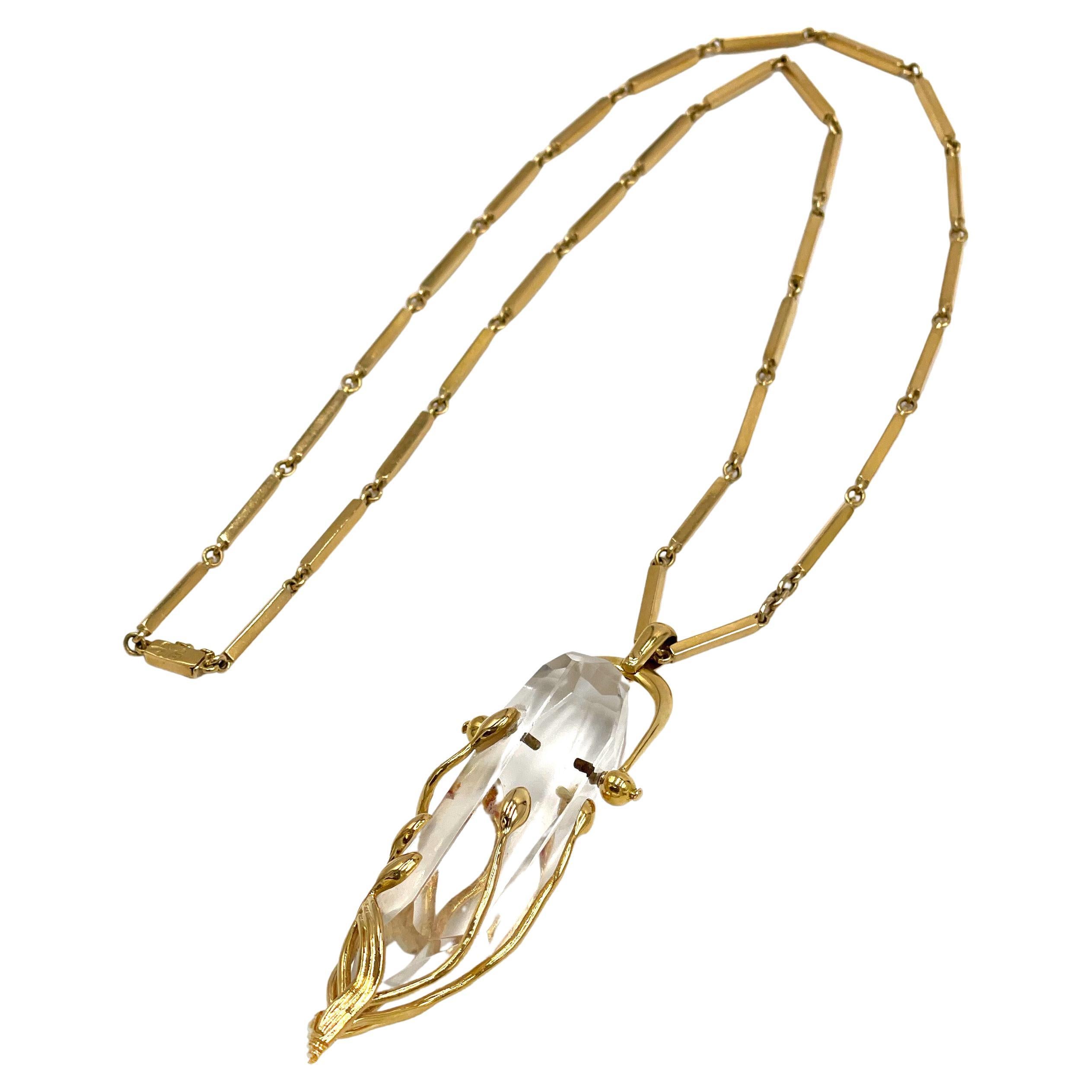 Hand Crafted 18K Yellow Gold and Quartz Crystal Drop Necklace For Sale