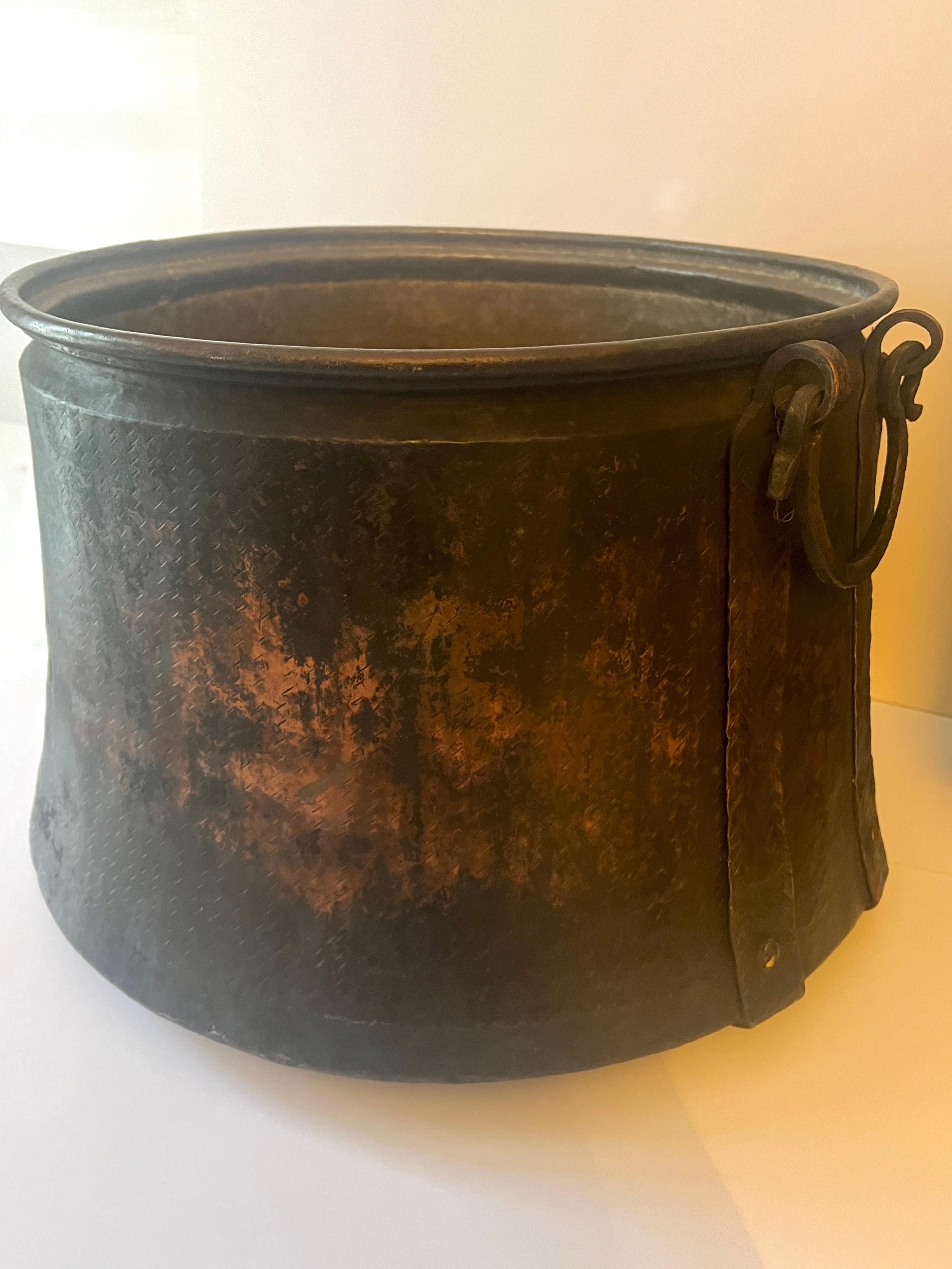 Hammered Hand Crafted 19th Century Copper Coal Firewood Bin or Cauldron