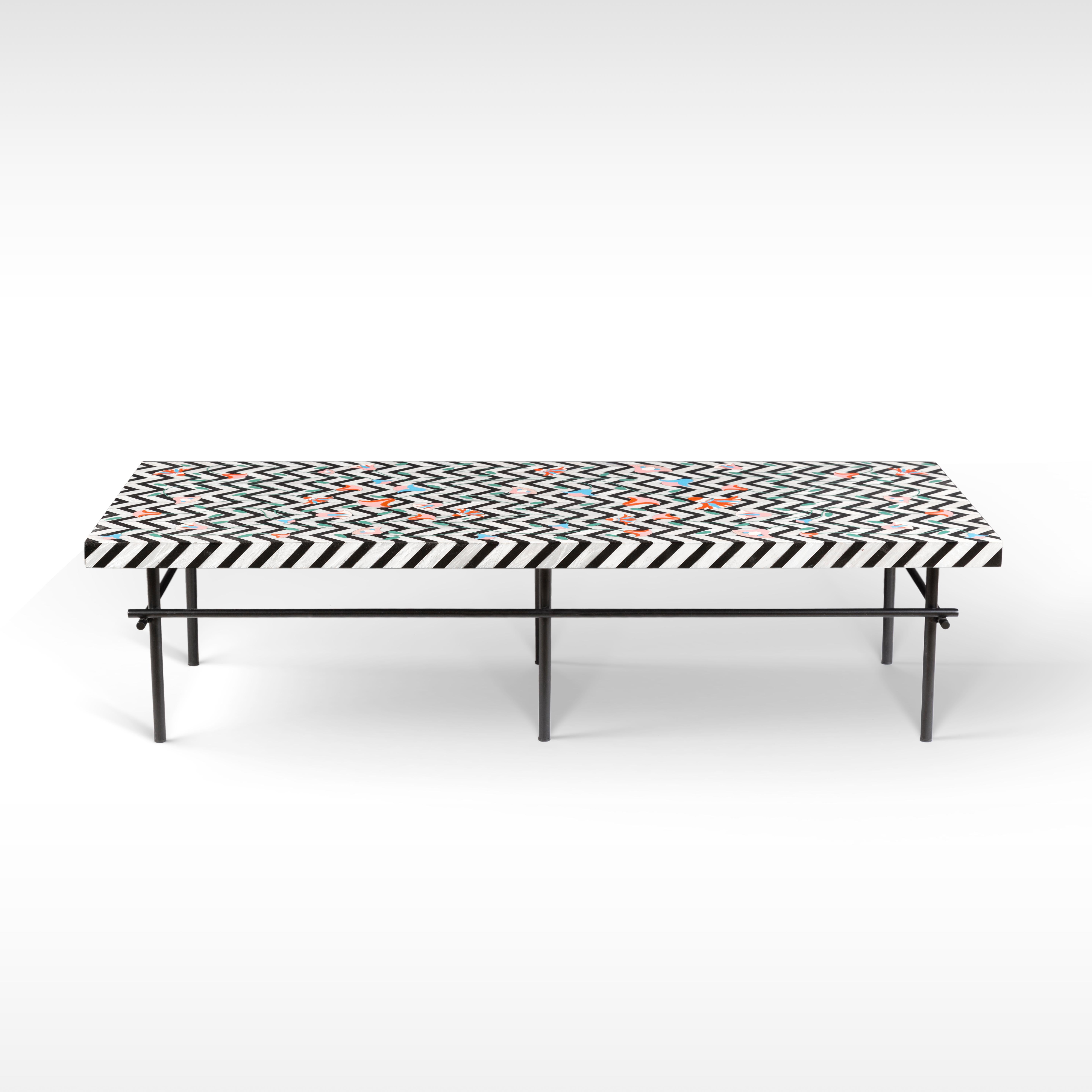 Modern Hand-Crafted Acrylic Coffee Table with Chevron Pattern & Colorful Lotus Flowers For Sale