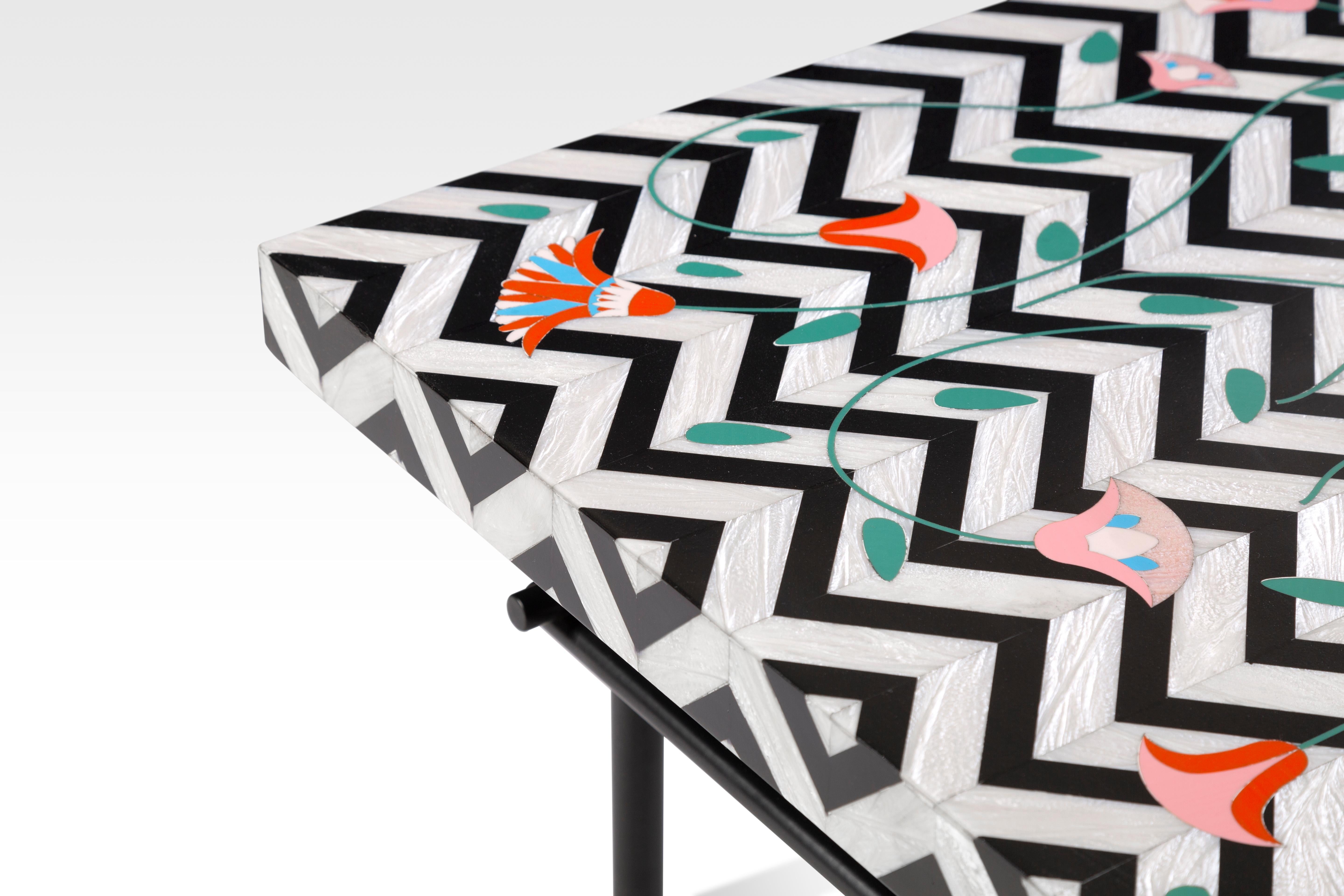 Contemporary Hand-Crafted Acrylic Coffee Table with Chevron Pattern & Colorful Lotus Flowers For Sale