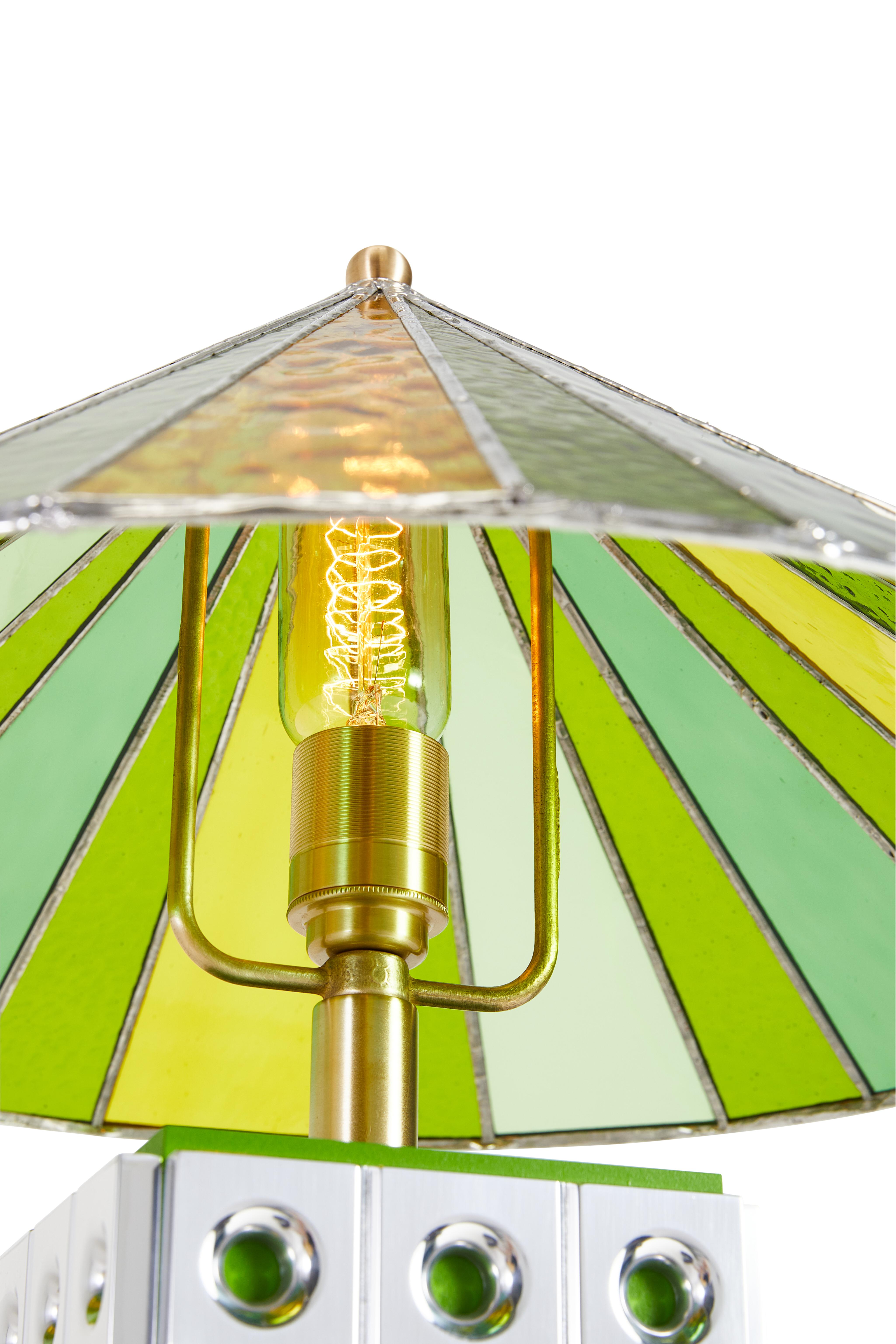 Hand-Crafted, Aluminum and Green Stained-Glass Table Lamp In New Condition For Sale In Los Angeles, CA