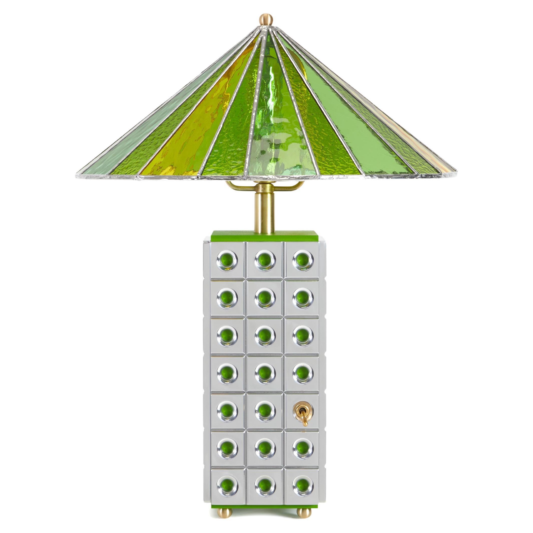 Hand-Crafted, Aluminum and Green Stained-Glass Table Lamp For Sale