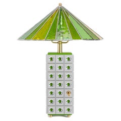 Hand-Crafted, Aluminum and Green Stained-Glass Table Lamp