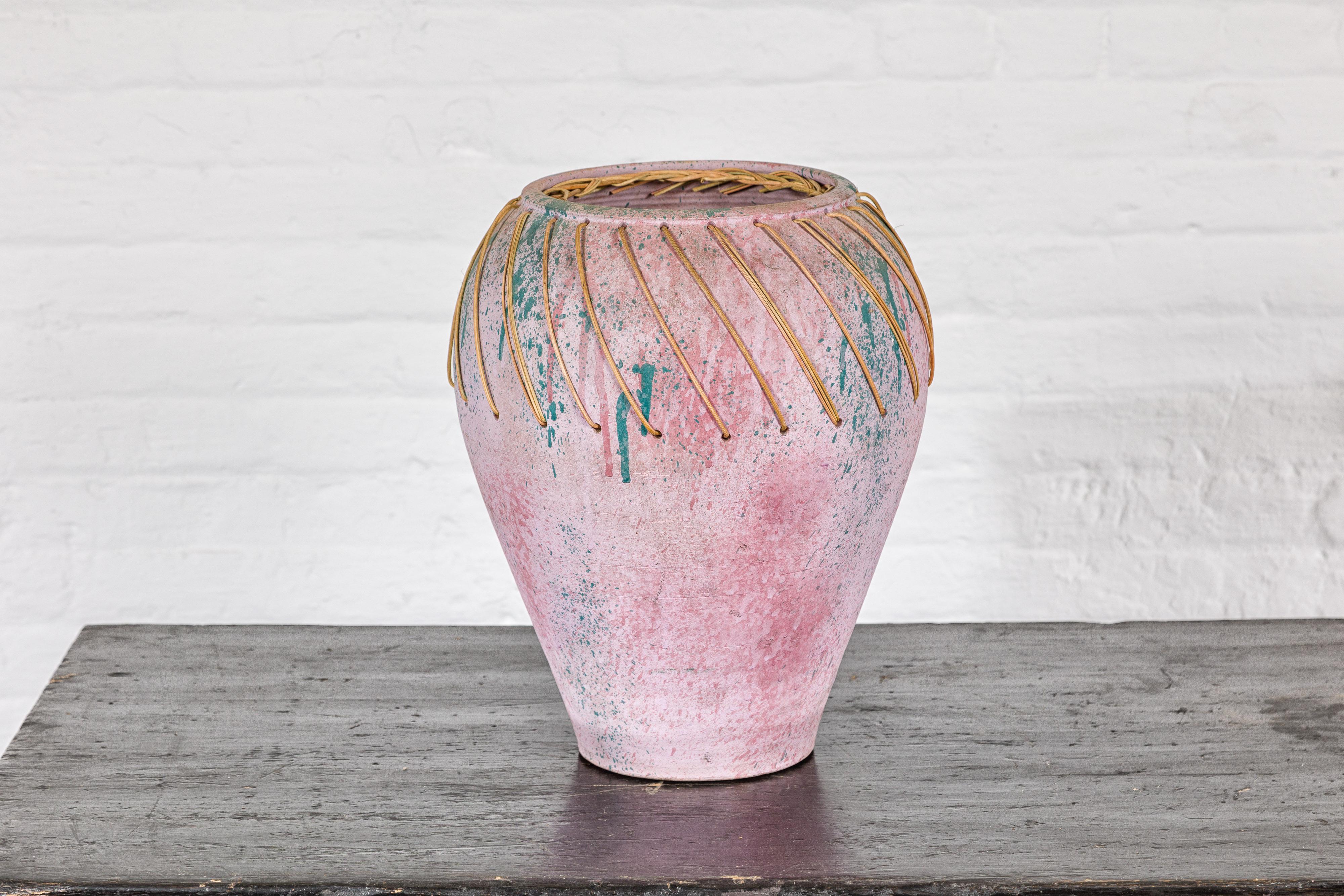 Hand-Crafted American Artists Collection Pink Pastel Vase with Weaving For Sale 6
