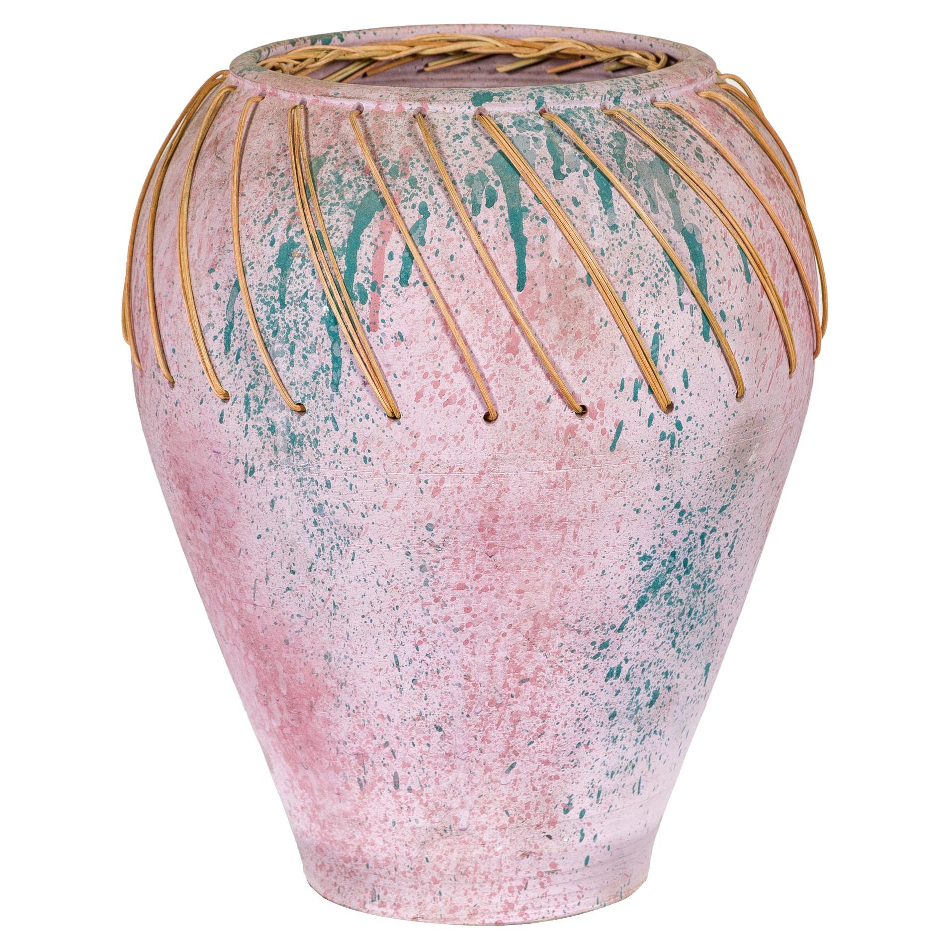 Hand-Crafted American Artists Collection Pink Pastel Vase with Weaving For Sale