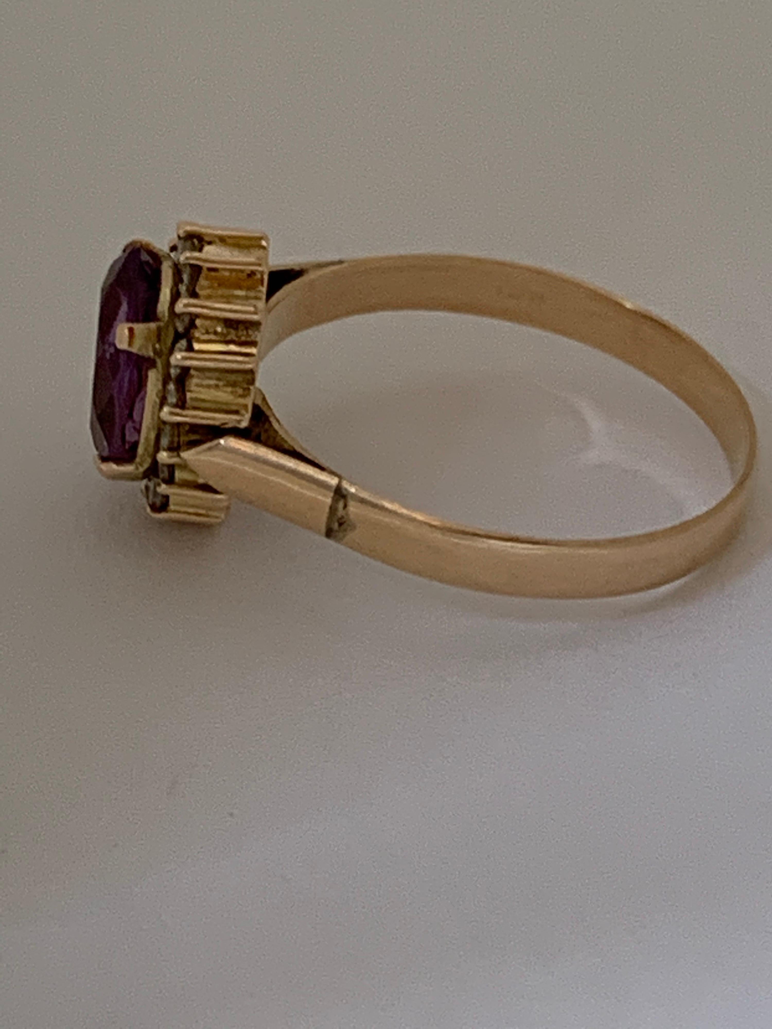 Artisan Handcrafted Amethyst and Diamond Set in 14 Karat Yellow Gold Ring For Sale
