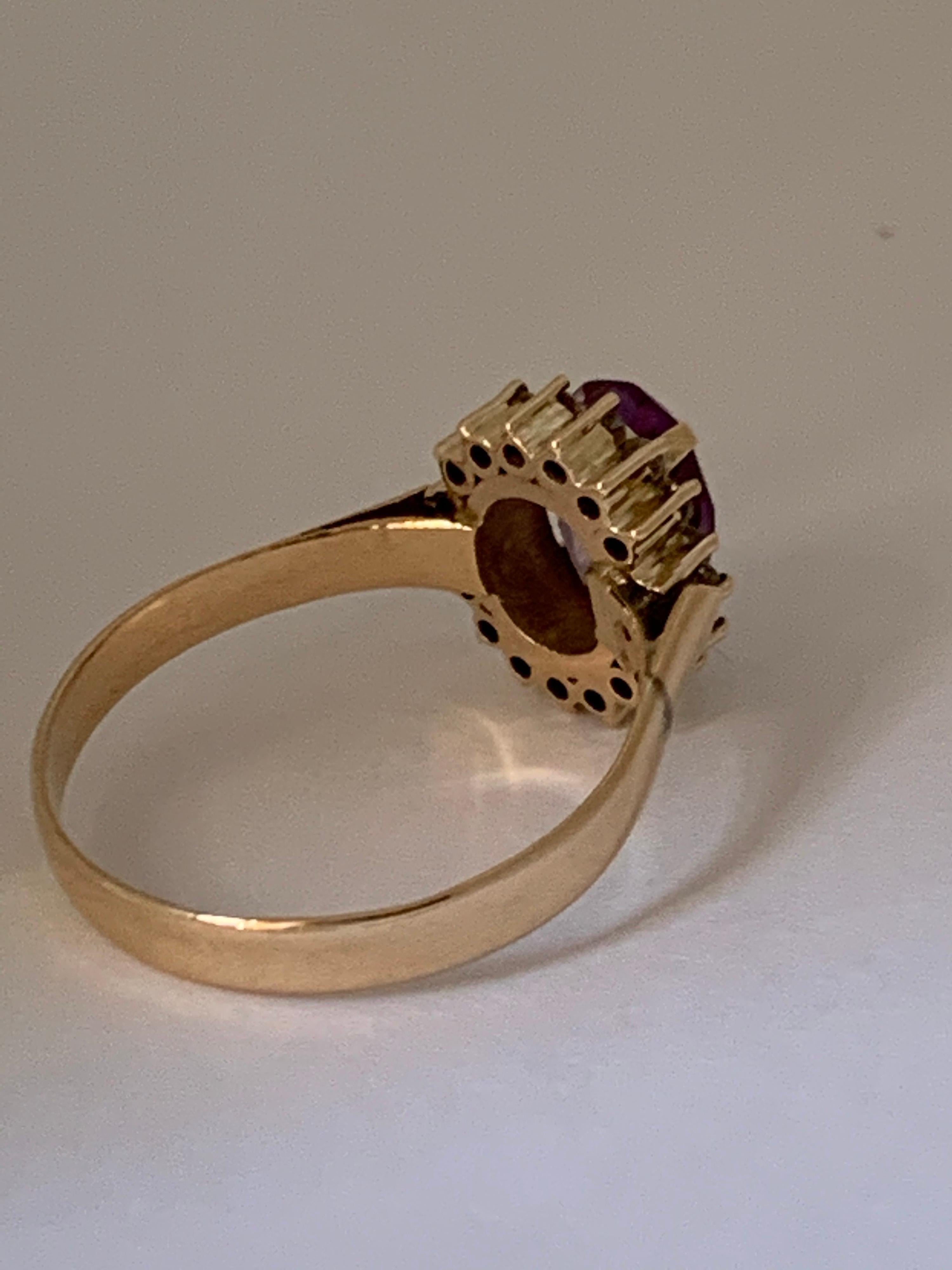 Women's Handcrafted Amethyst and Diamond Set in 14 Karat Yellow Gold Ring For Sale