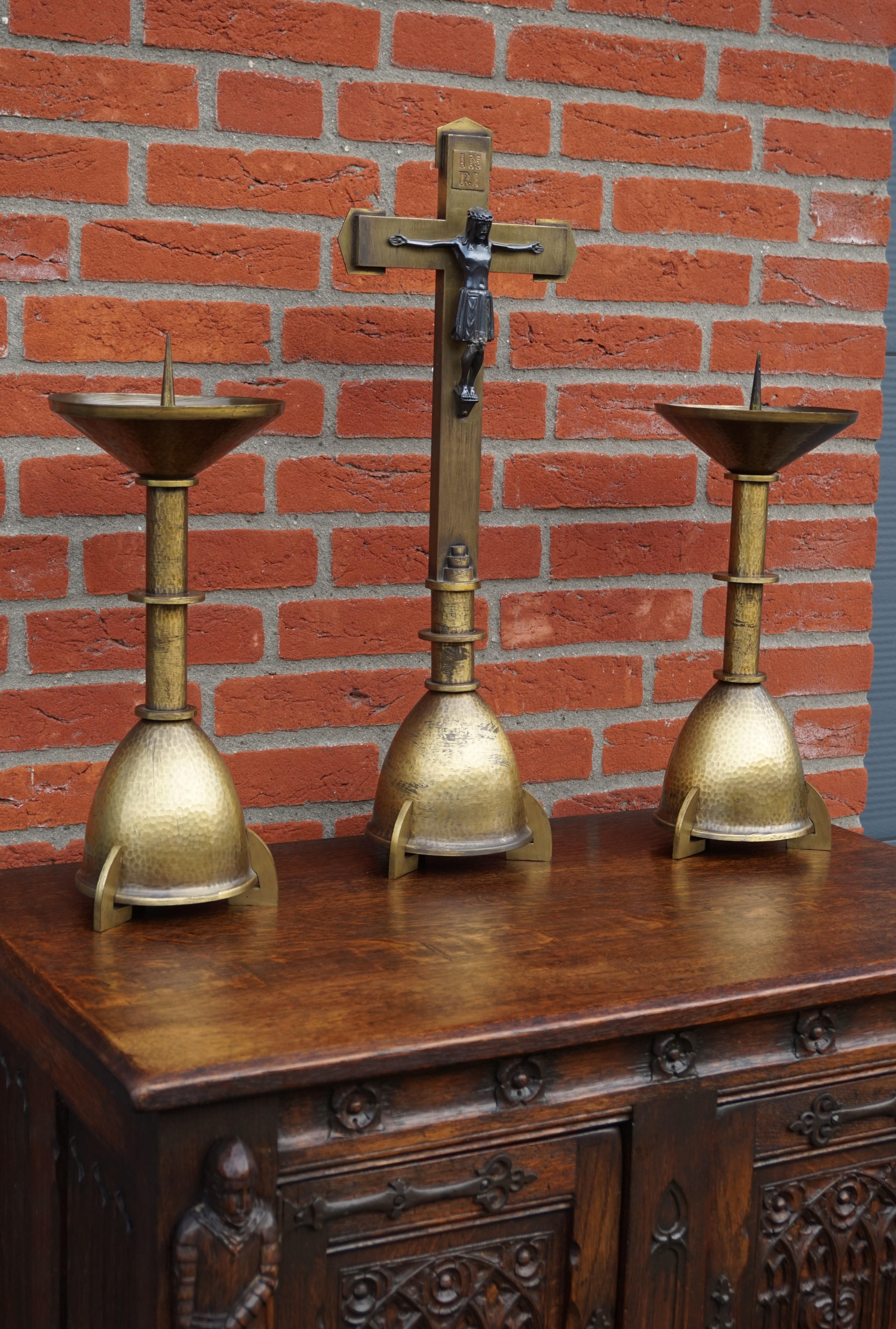 Handcrafted Antique Dutch Arts & Crafts Altar Crucifix with Pair of Candlesticks For Sale 4