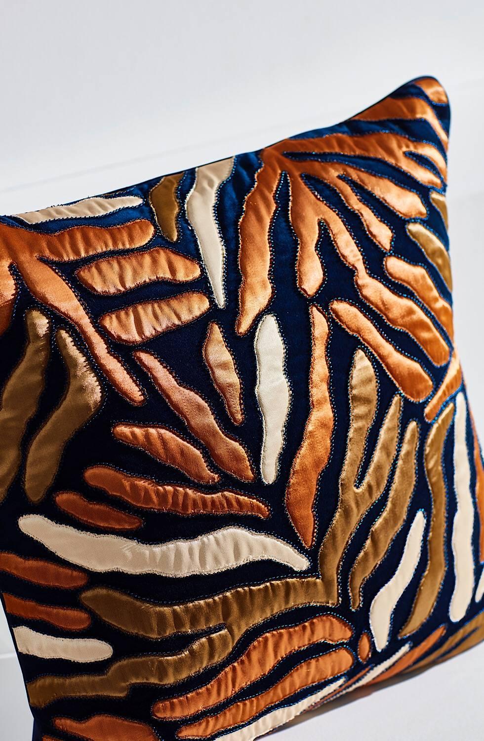Modern Handcrafted Appliqué Navy Blue Velvet Pillow Embroidered Abstract Leaf Design For Sale