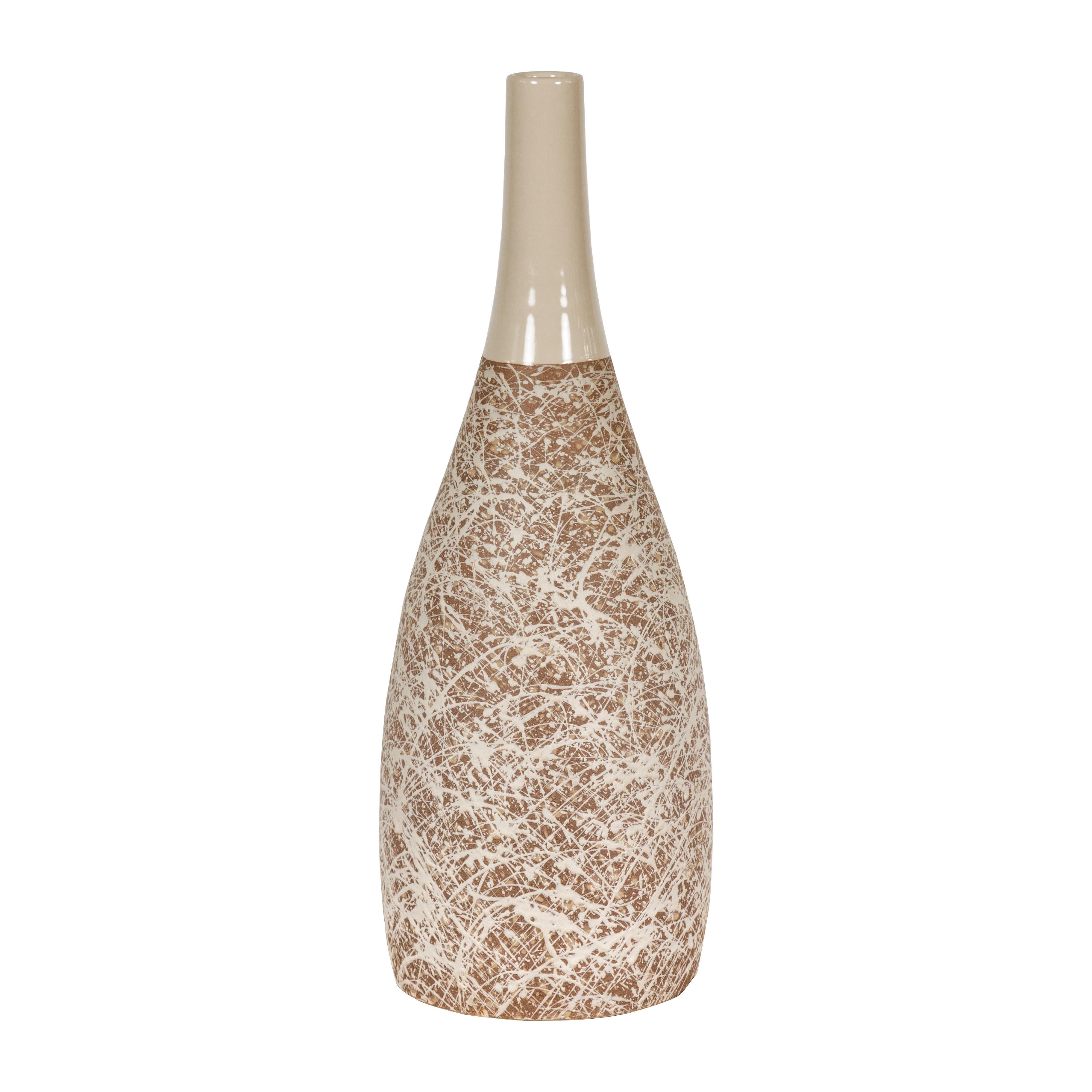 Hand-Crafted Artisan Bottle Shaped Brown and Cream Ceramic Vase with Dripping For Sale 8