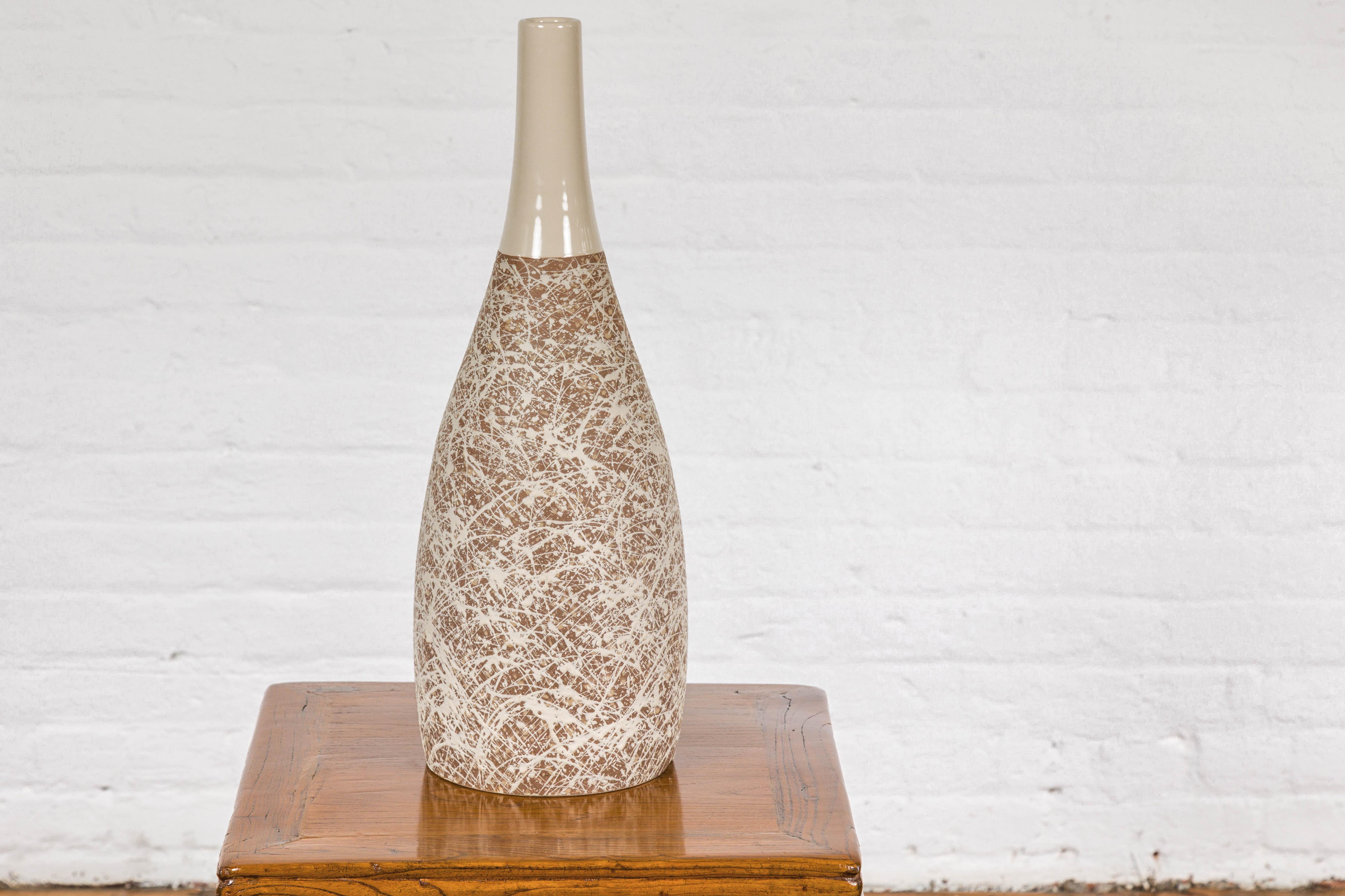 Hand-Crafted Artisan Bottle Shaped Brown and Cream Ceramic Vase with Dripping In Good Condition For Sale In Yonkers, NY