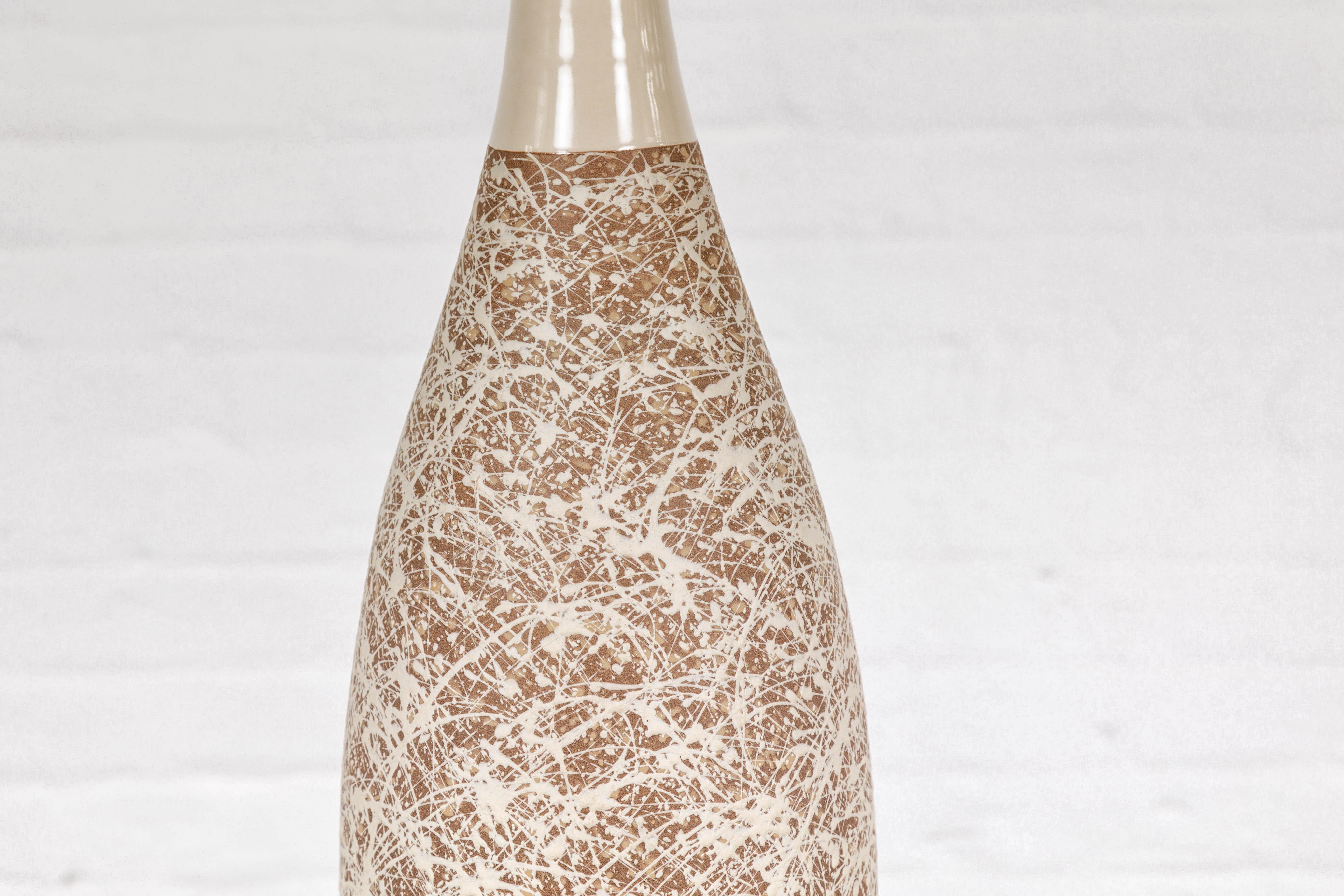 Hand-Crafted Artisan Bottle Shaped Brown and Cream Ceramic Vase with Dripping For Sale 1