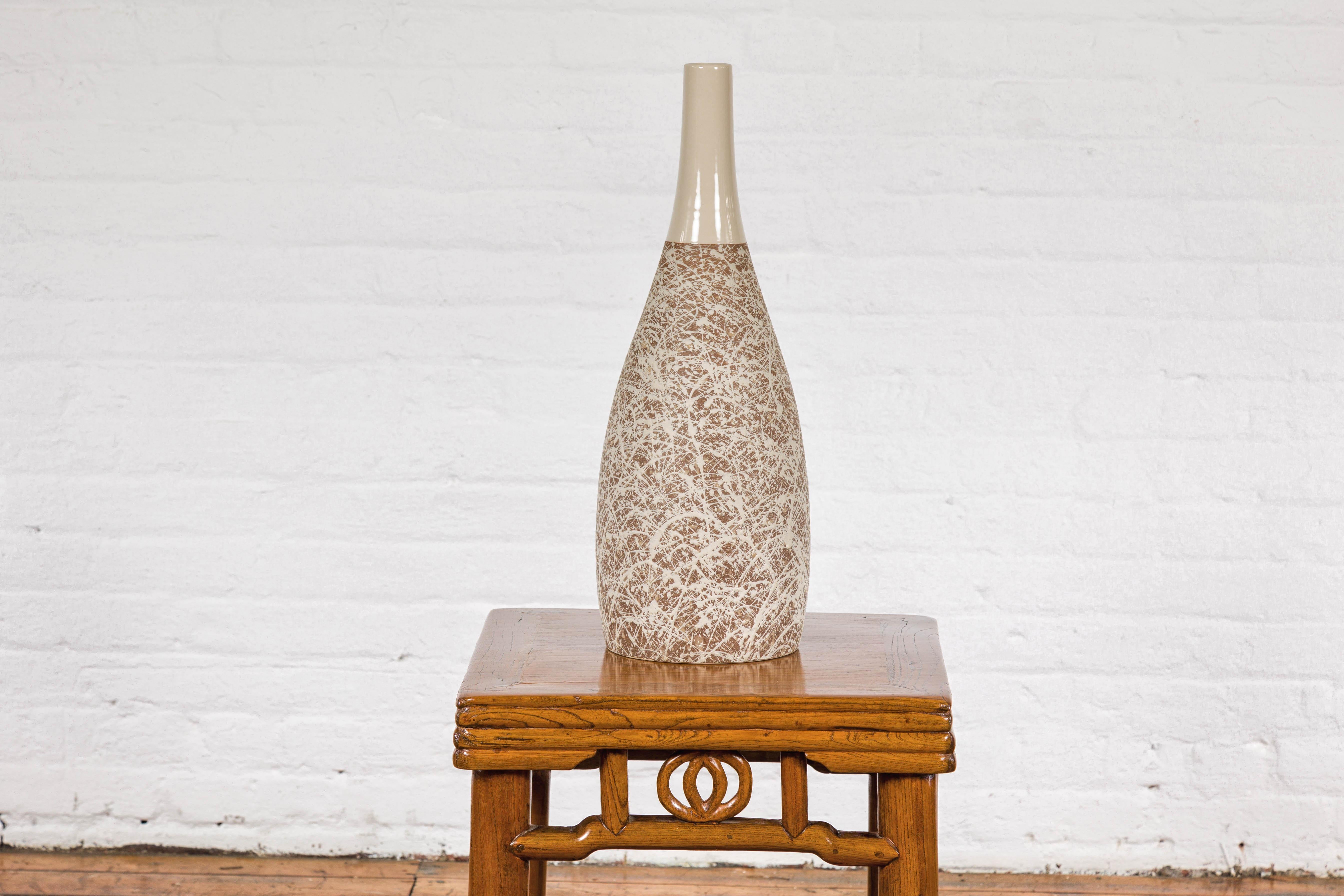 Hand-Crafted Artisan Bottle Shaped Brown and Cream Ceramic Vase with Dripping For Sale 4