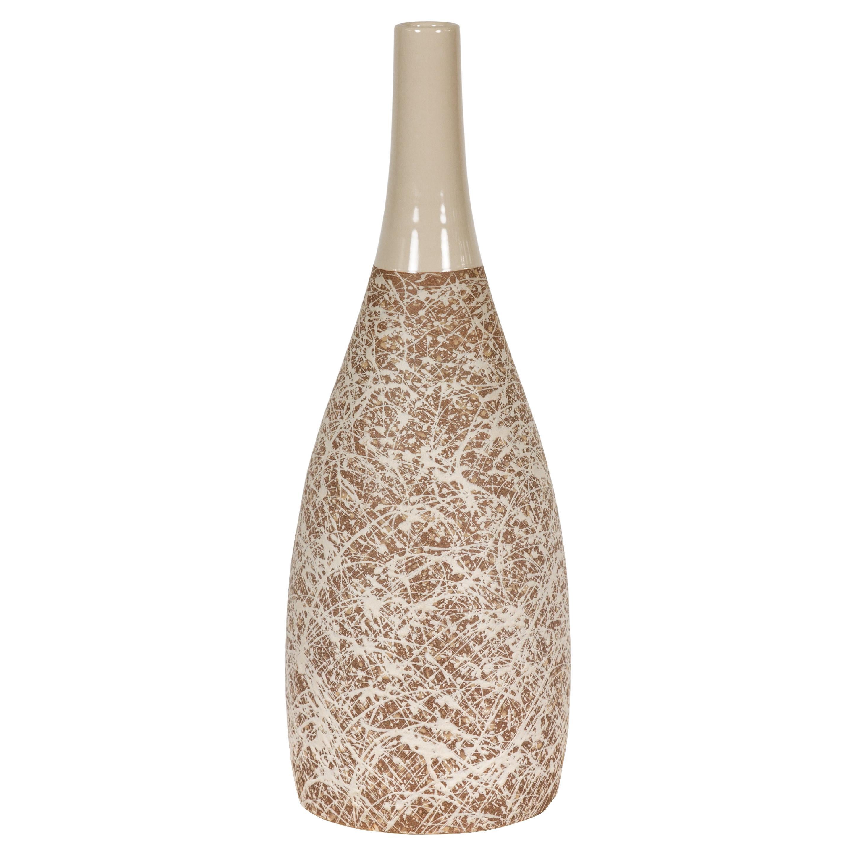Hand-Crafted Artisan Bottle Shaped Brown and Cream Ceramic Vase with Dripping For Sale