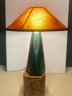 Handcrafted Artisan Stoneware Lamp in Moss Glaze with Amber Mica Shade