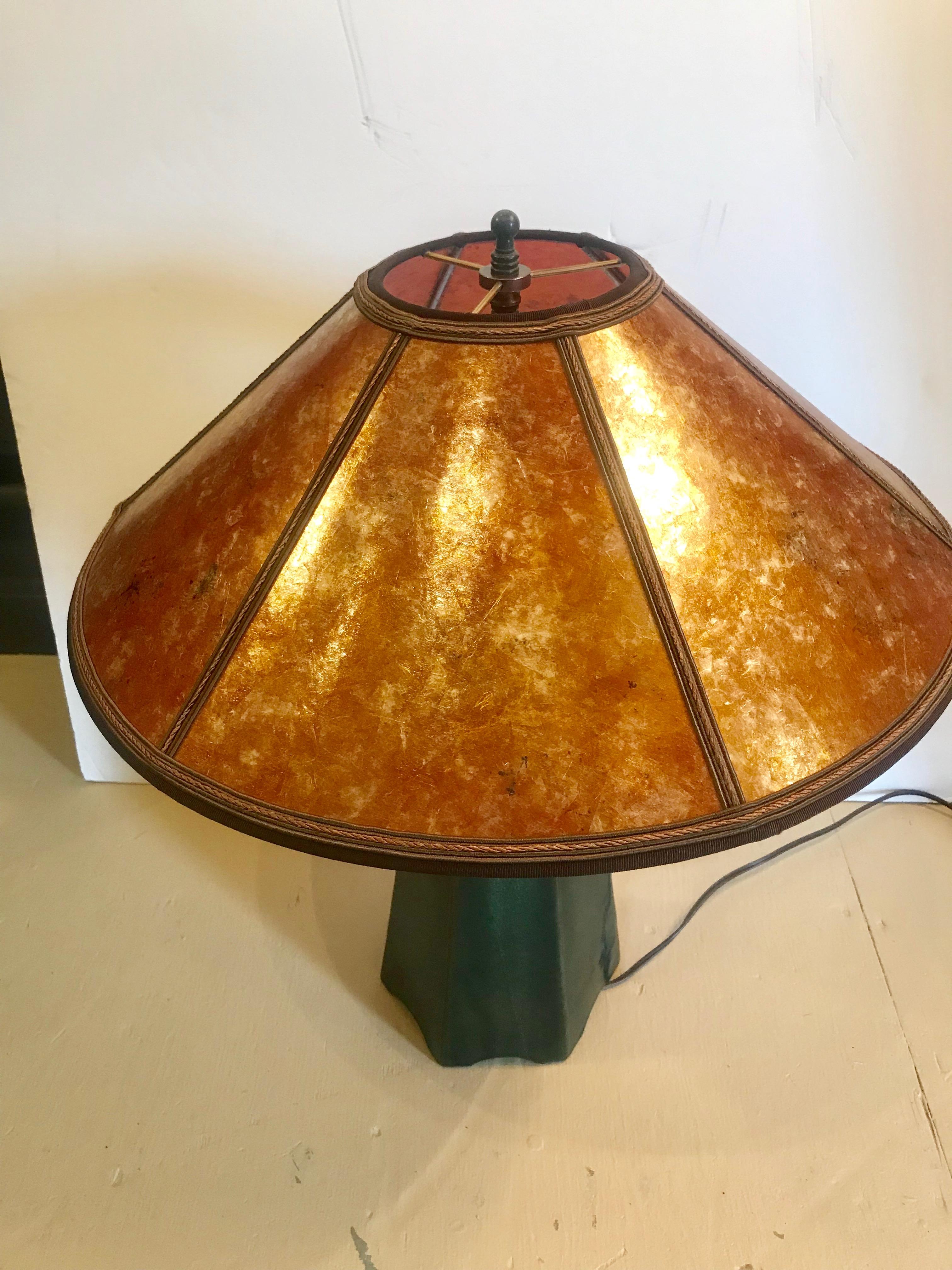 Handcrafted Artisan Stoneware Lamp in Moss Glaze with Amber Mica Shade For Sale 4