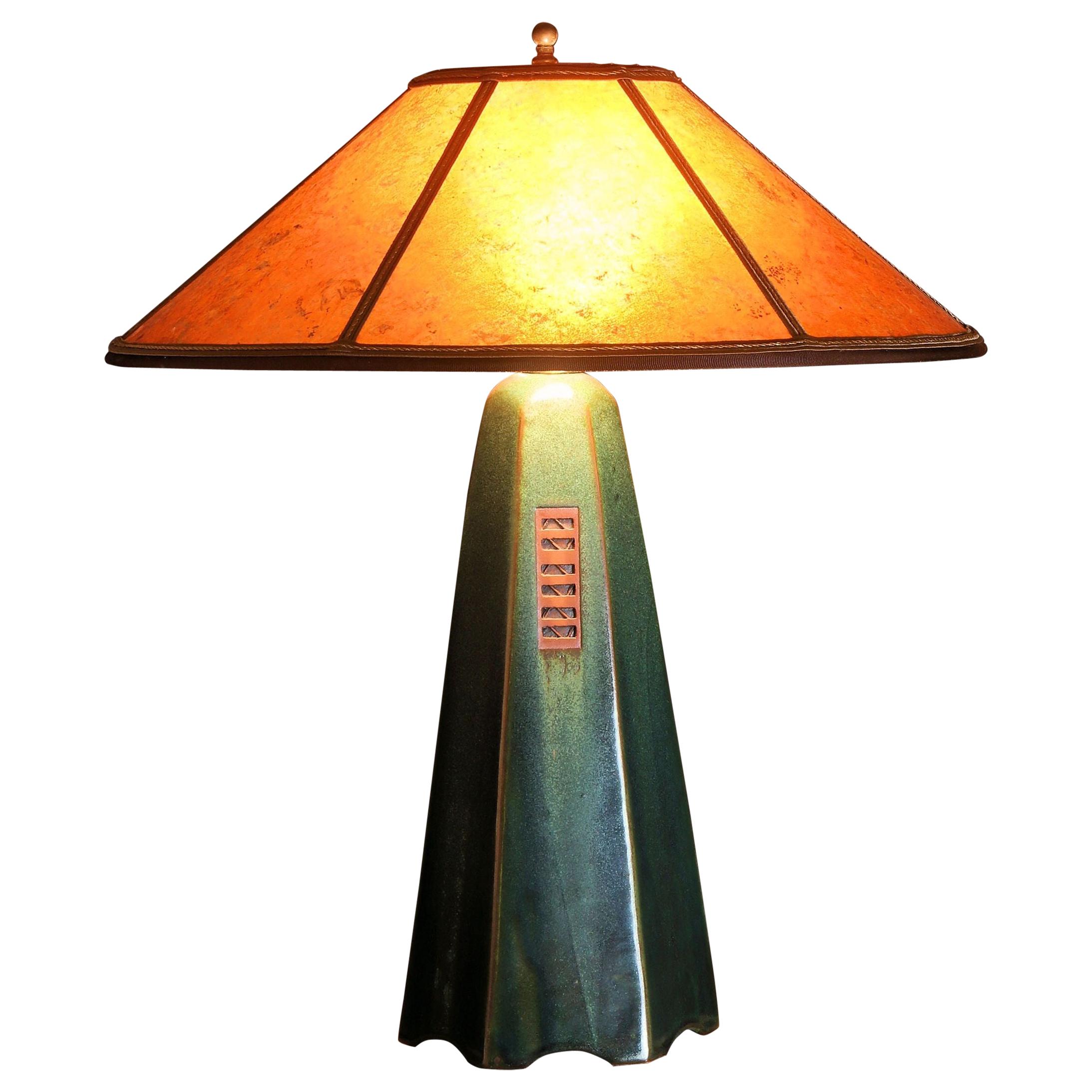 Handcrafted Artisan Stoneware Lamp in Moss Glaze with Amber Mica Shade For Sale